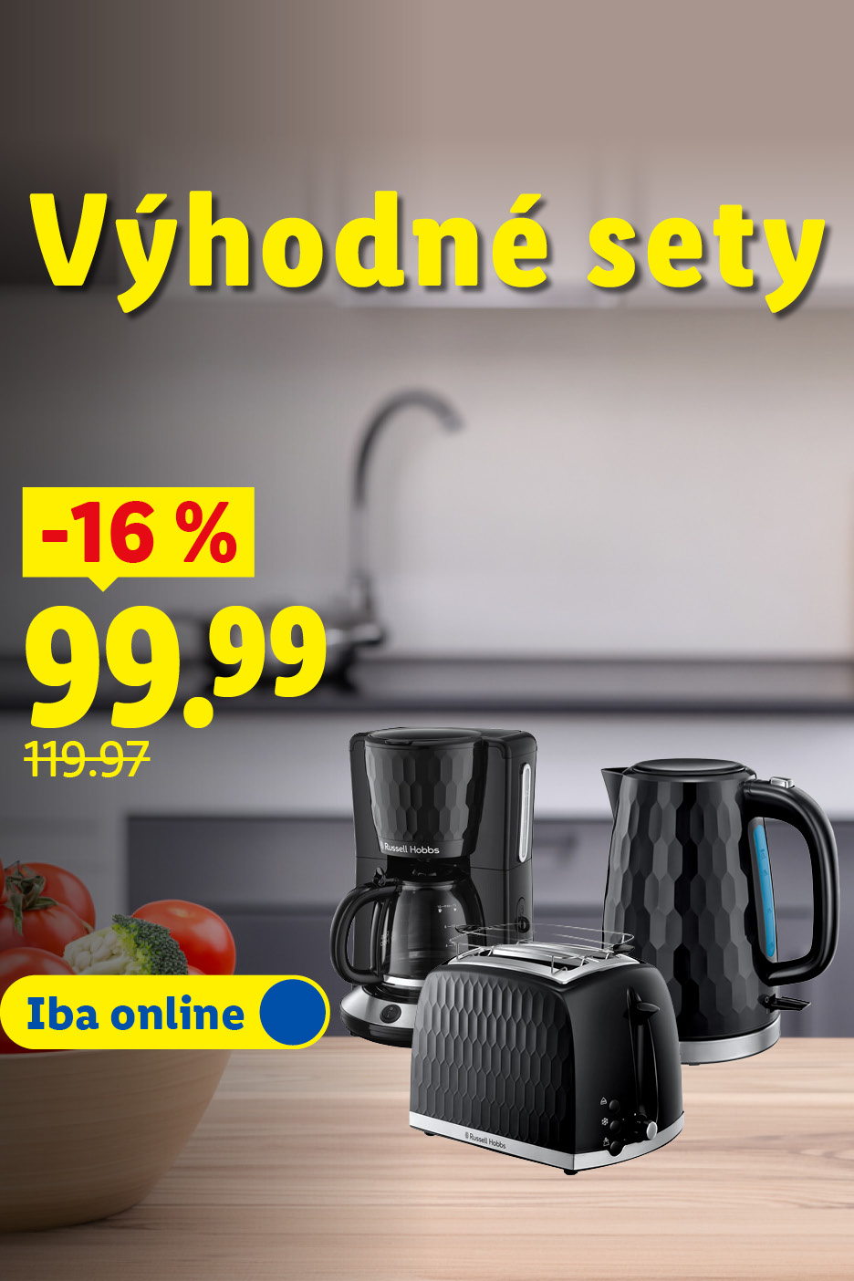 Výhodný set kuchynských spotrebičov Russell Hobbs Honeycomb (kávovar, rýchlovarná kanvica a hriankovač) za 99,99 € v zľave -16 %.