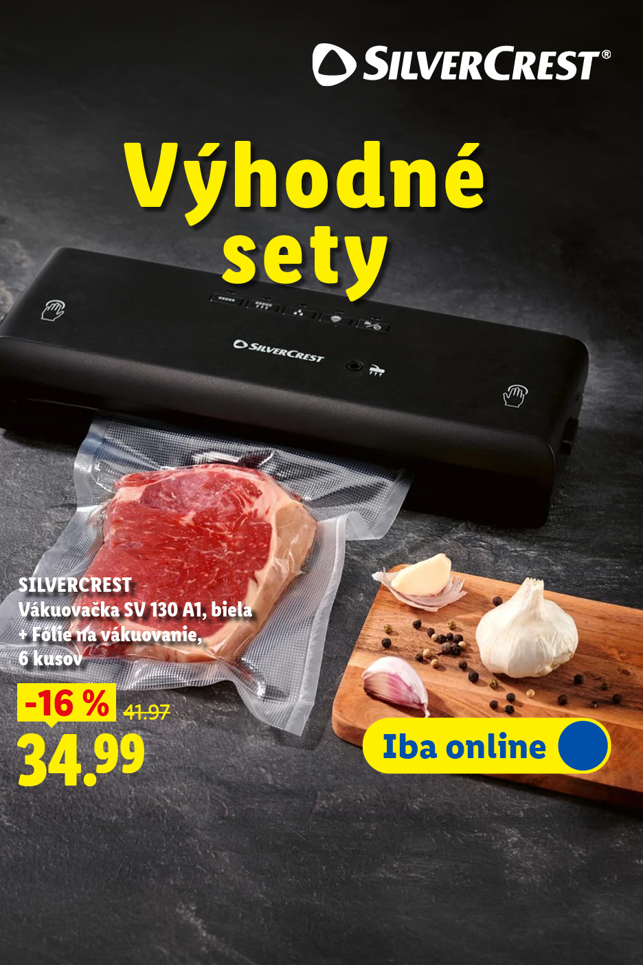 Výhodné súpravy: vákuovačka s fóliami na vákuovanie, zľava 16 % na 34,99 €, dostupné online.