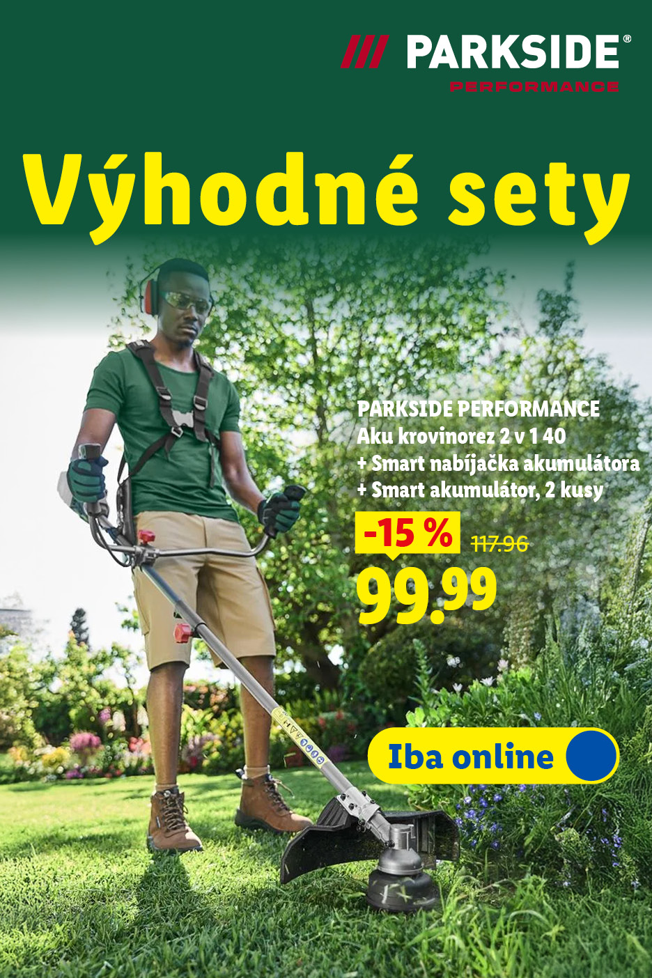 Výhodné sety: Kúp spolu a ušetri. Akumulátorový krovinorez, nabíjačka a dva akumulátory so zľavou 15%.