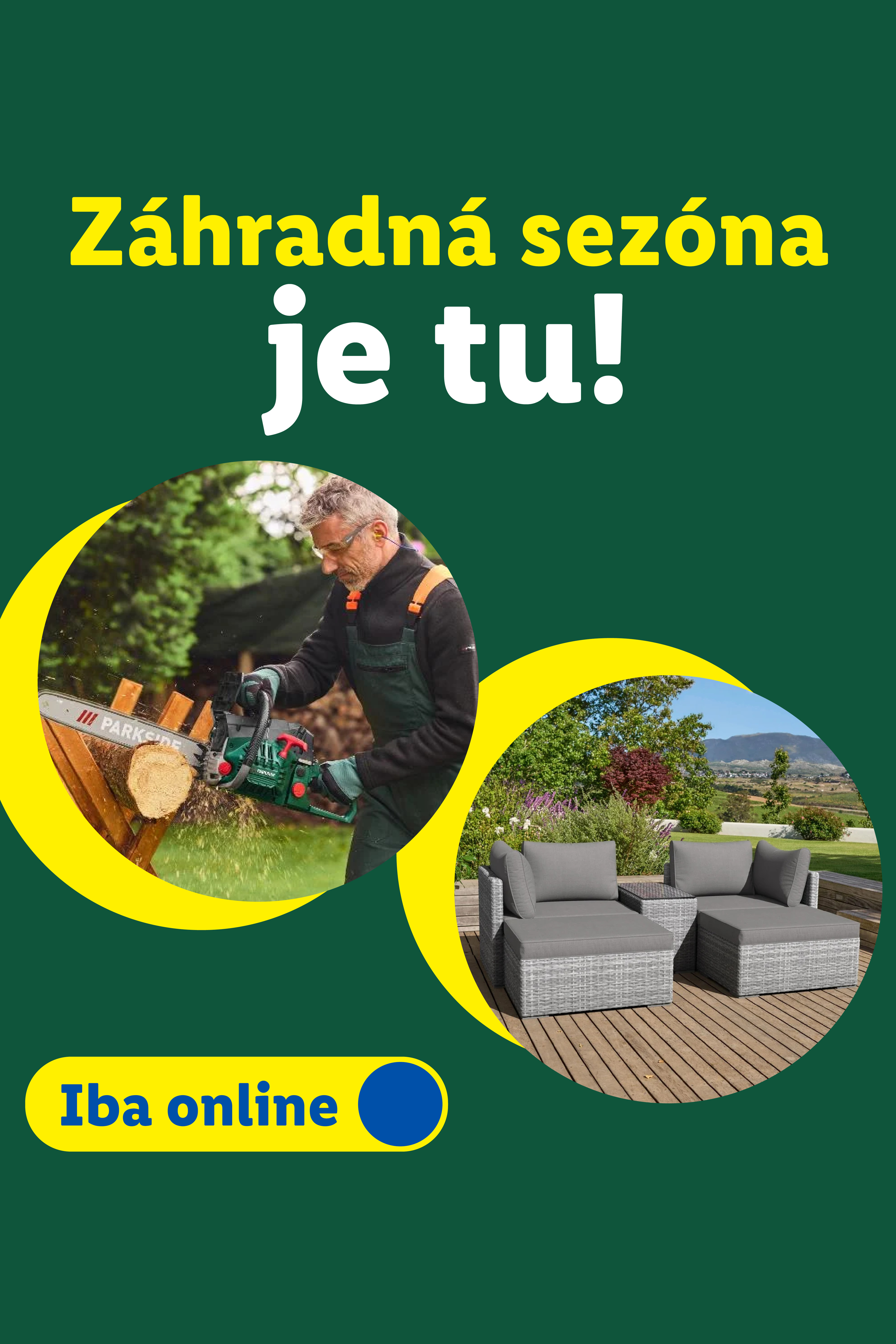 Záhradná sezóna je tu! Muž píli drevo, záhradný nábytok. Iba online.