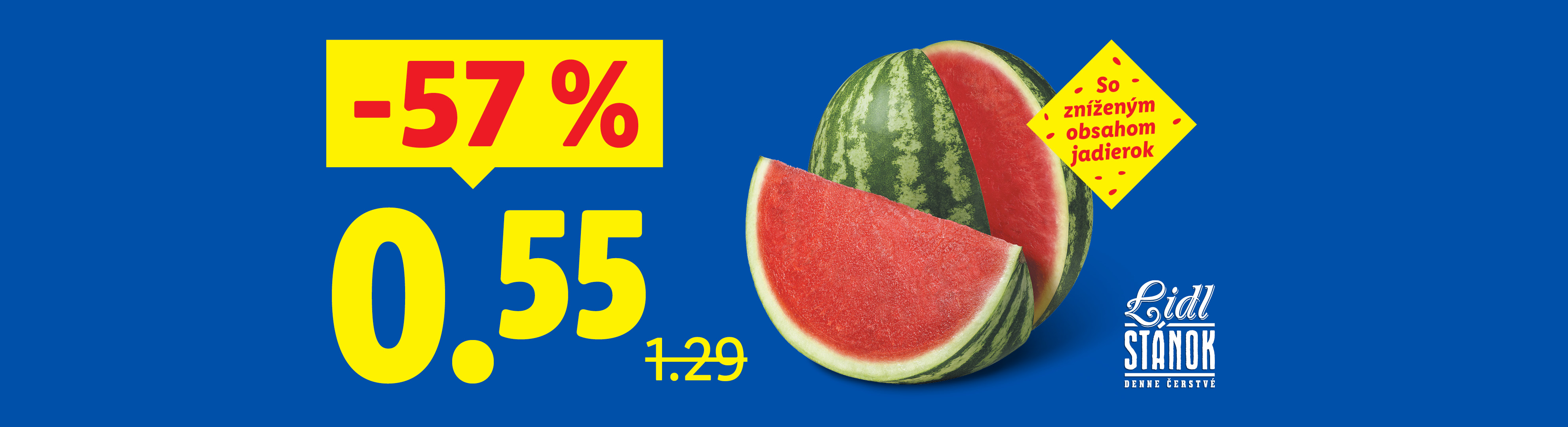 Lidl letná akcia: -57% zľava na vodný melón, teraz za 0,55€ (pôvodná cena 1,29€).
