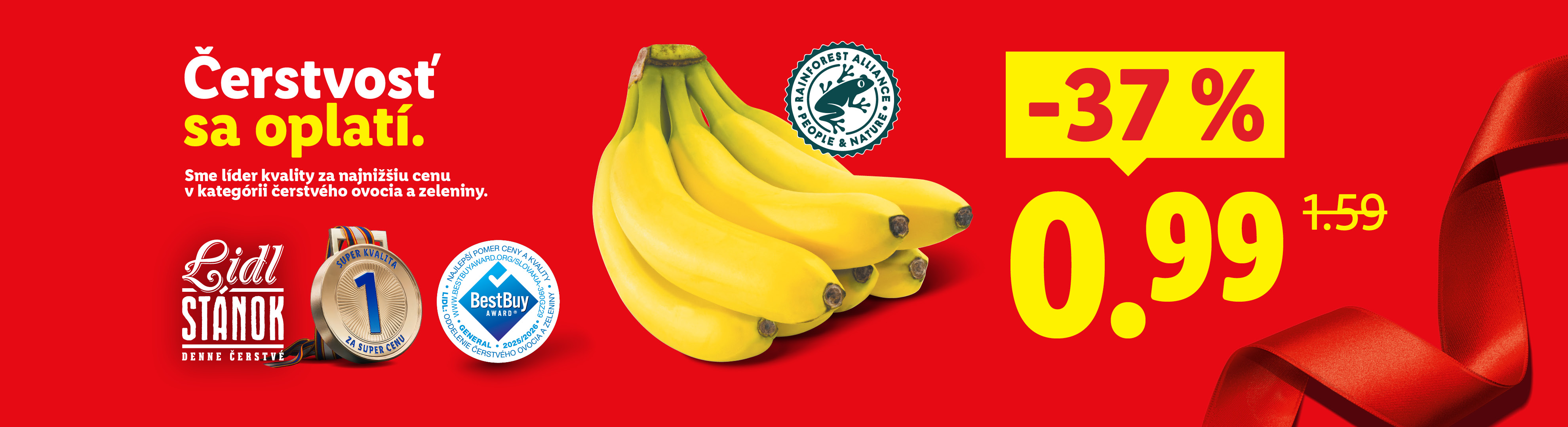 Lidl banány v akcii: -37% zľava, teraz za 0,99 €.