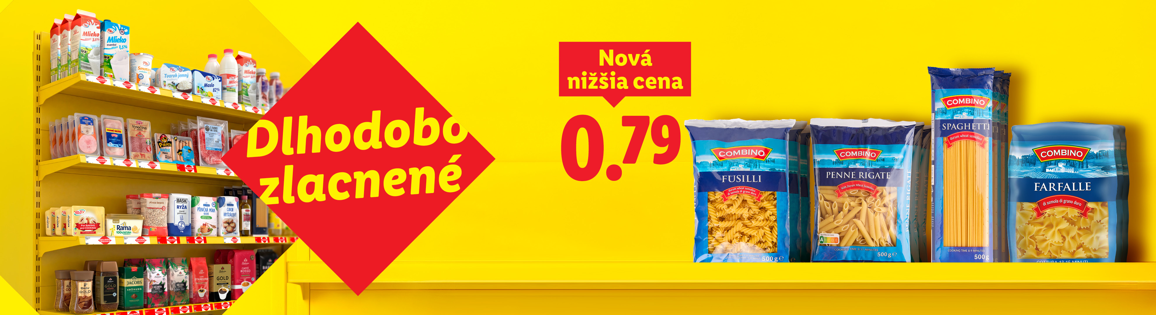 „Dlhodobo zlacnené“ cestoviny rôzne druhy za 0,79.