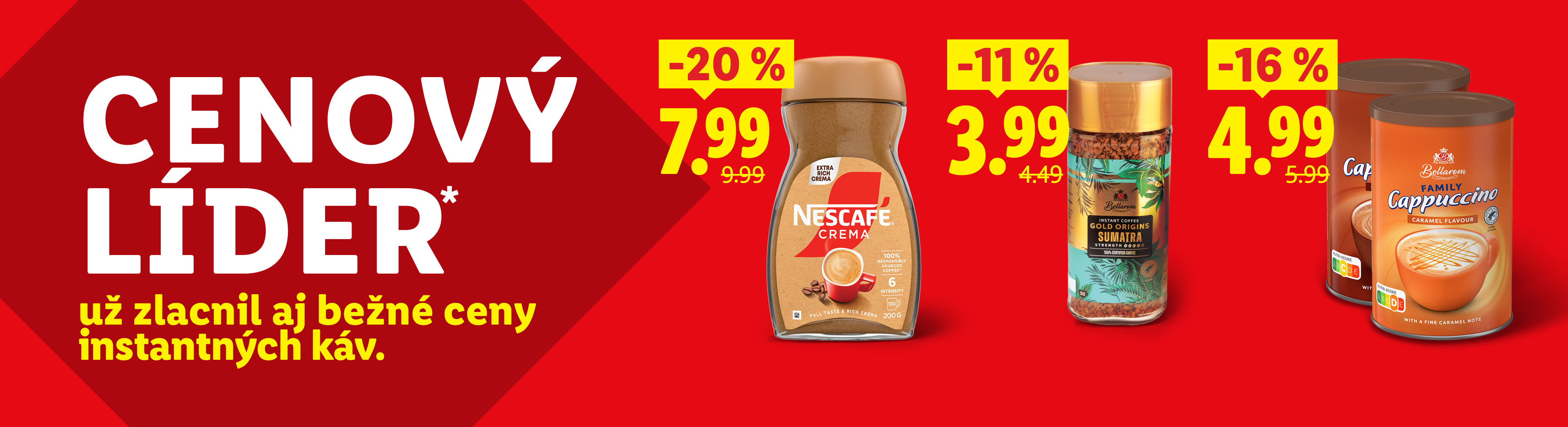 Cenový líder: Zlacnené instantné kávy, vrátane kávy s krémou, instantnej kávy Gold Origins a karamelového cappuccina.