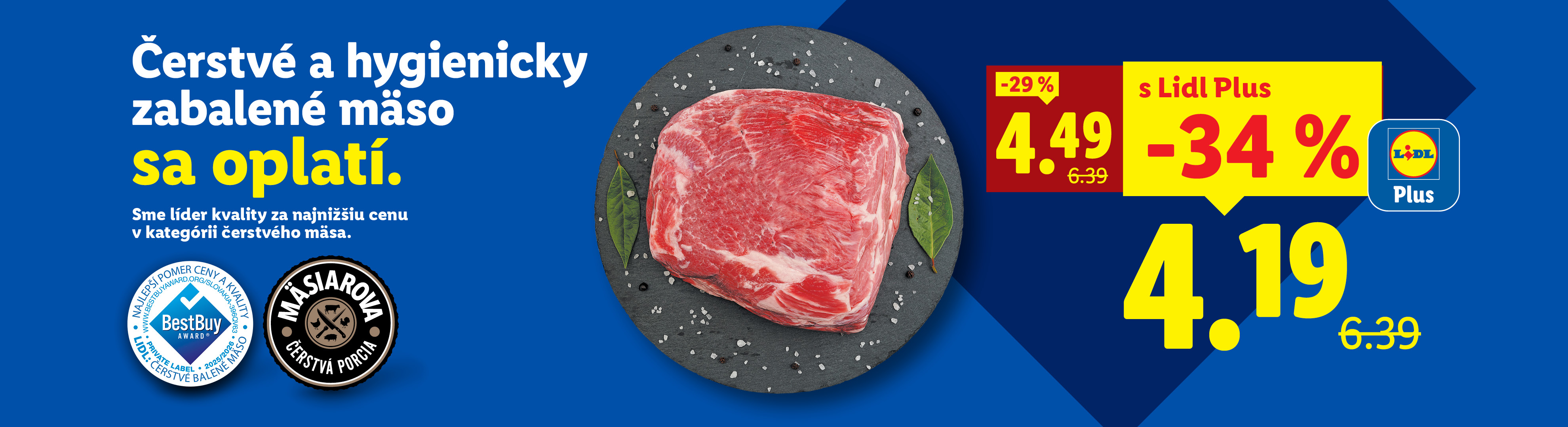 Lidl reklama na čerstvé a hygienicky balené mäso s cenou 4,19 € s Lidl Plus.