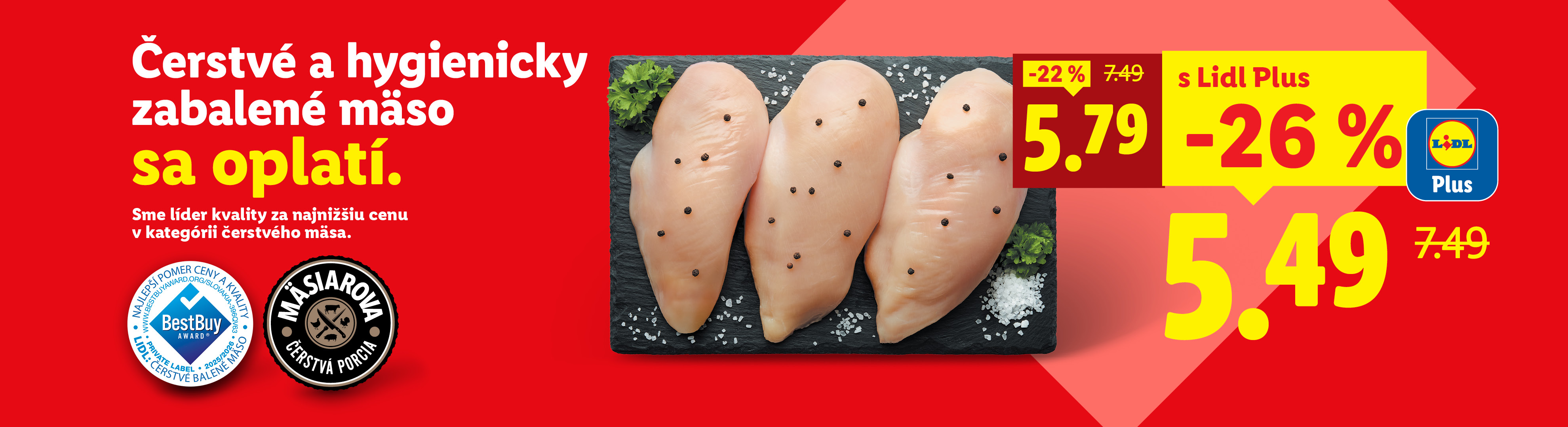 Reklama na čerstvé a hygienicky balené kuracie mäso s cenami a zľavami Lidl Plus.