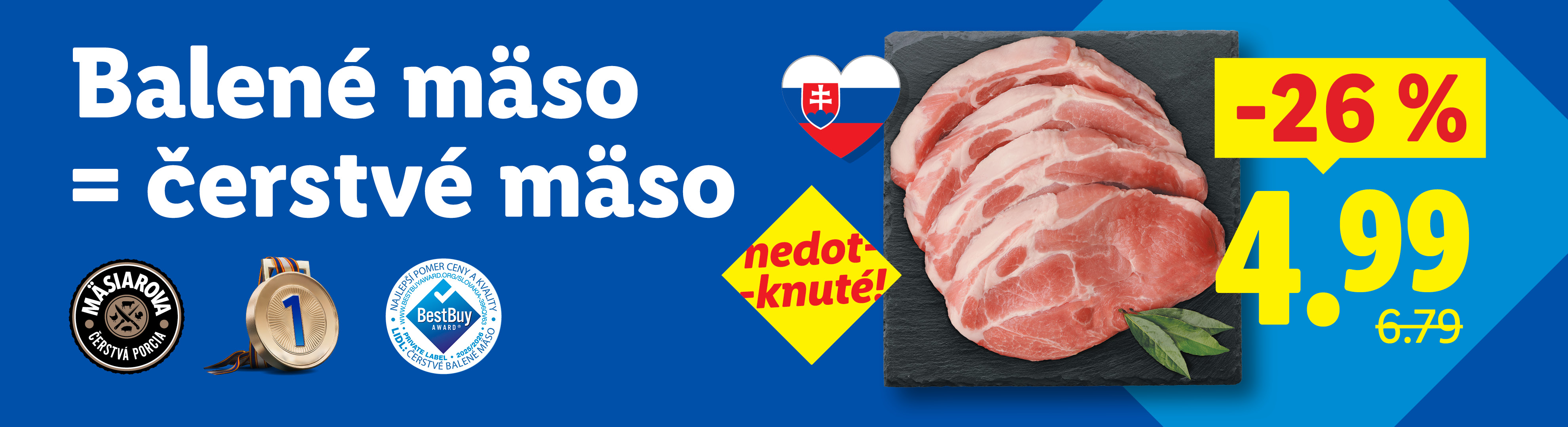 Balené mäso, čerstvé mäso s 26% zľavou za 4,99 €.