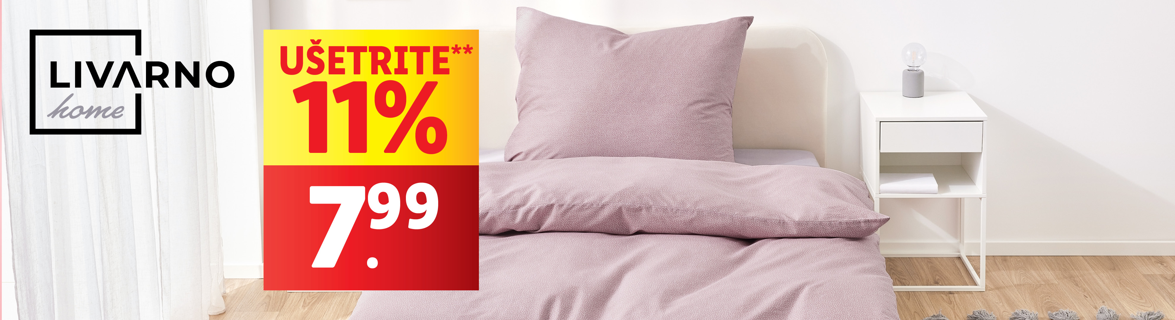 Livarno Home posteľná bielizeň v jemnej ružovej farbe, zľava 11%, cena 7,99€.