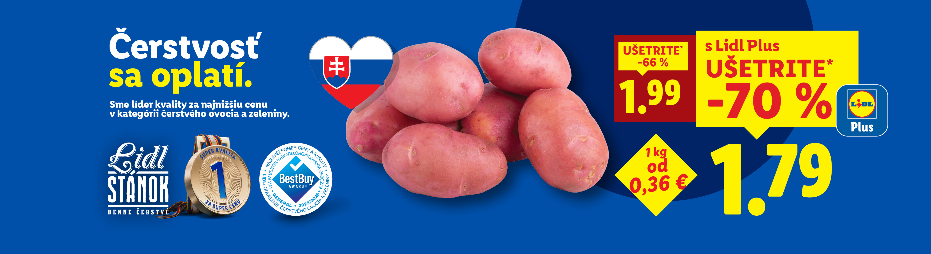 Lidl reklama na čerstvé zemiaky s cenou 1,79 € a zľavou -70% s Lidl Plus.