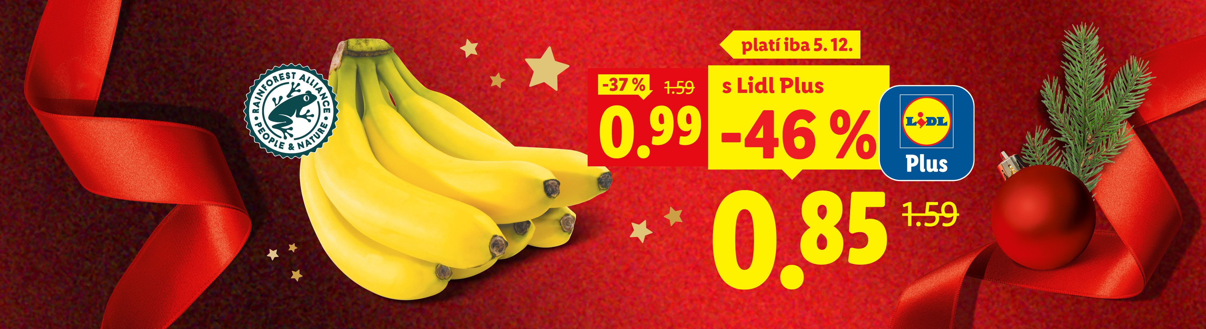 Vianočný banner Lidl s banánmi Rainforest Alliance, zľavami a logom Lidl Plus.