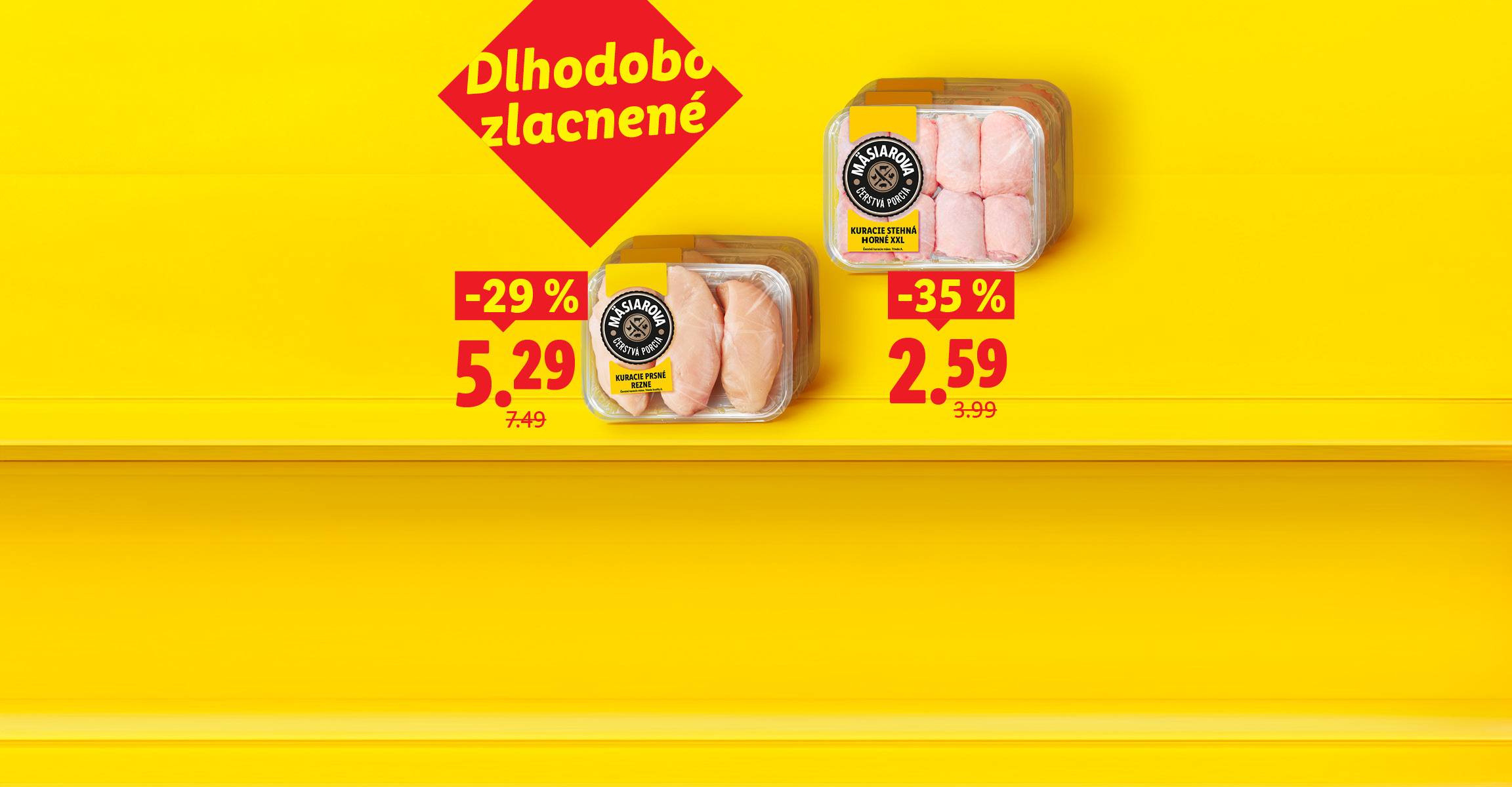 „Dlhodobo zlacnené“ Kuracie prsné rezne -29 % za 5,29 € (pôvodná cena 7,49 €). Kuracie stehná horné XXL -35 % za 2,59 € (pôvodná cena 3,99 €).