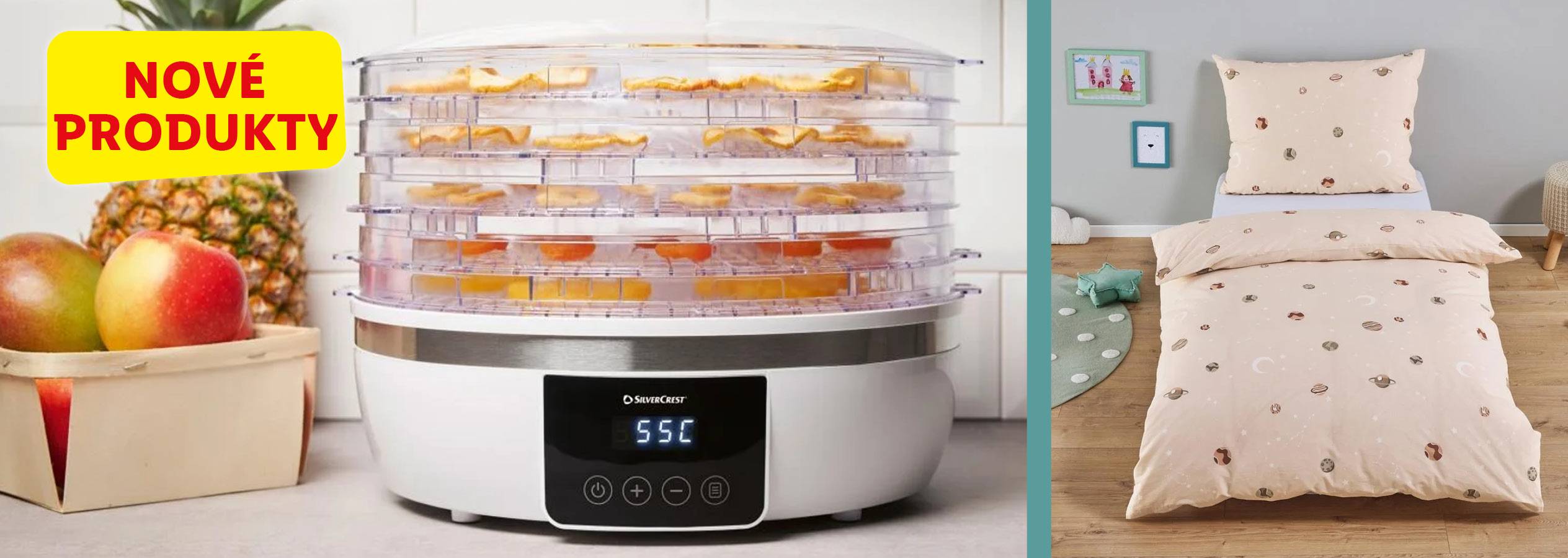 Nové produkty: sušička potravín SilverCrest a detská posteľná bielizeň s vesmírnou tematikou.