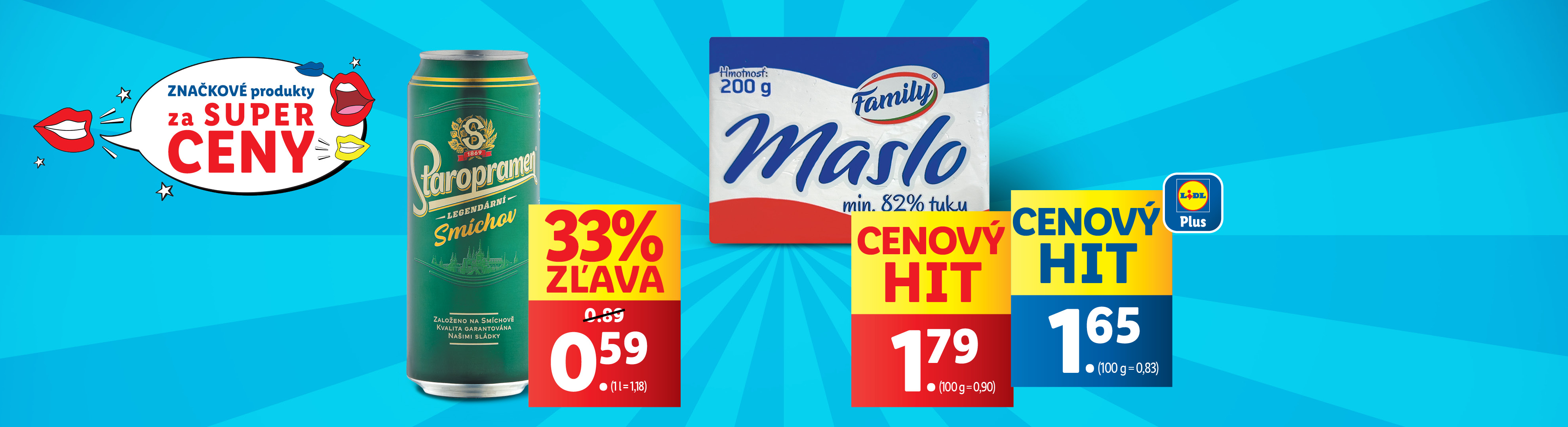 Letáková ponuka Lidla s maslom Family a pivom Staropramen Smíchov za znížené ceny.