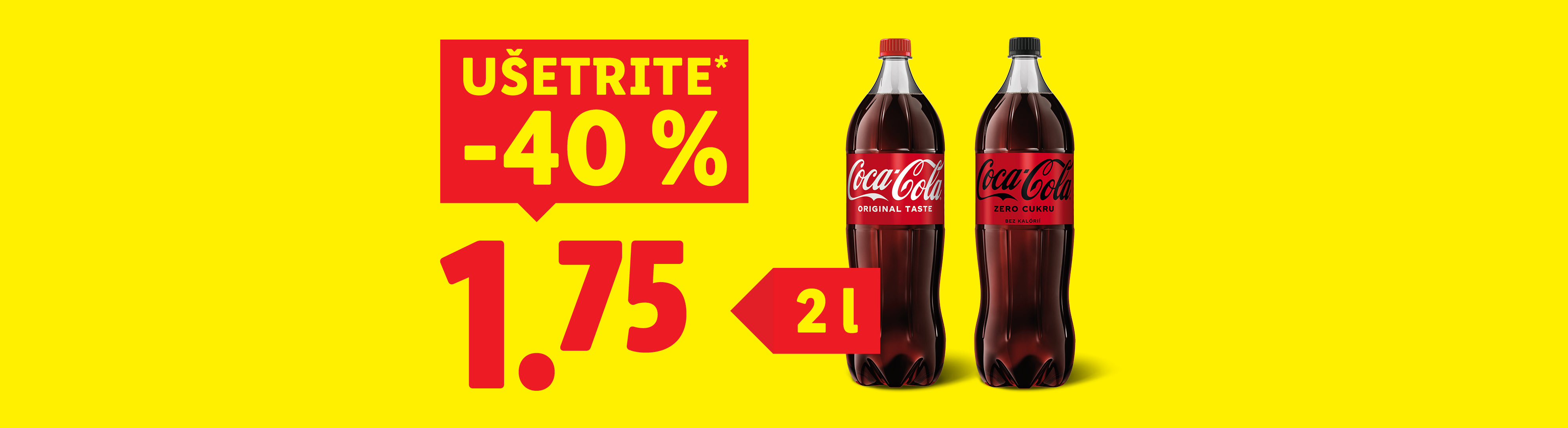 Dve 2l fľaše Coca-Coly, originál a zero, v akcii so zľavou 40%.