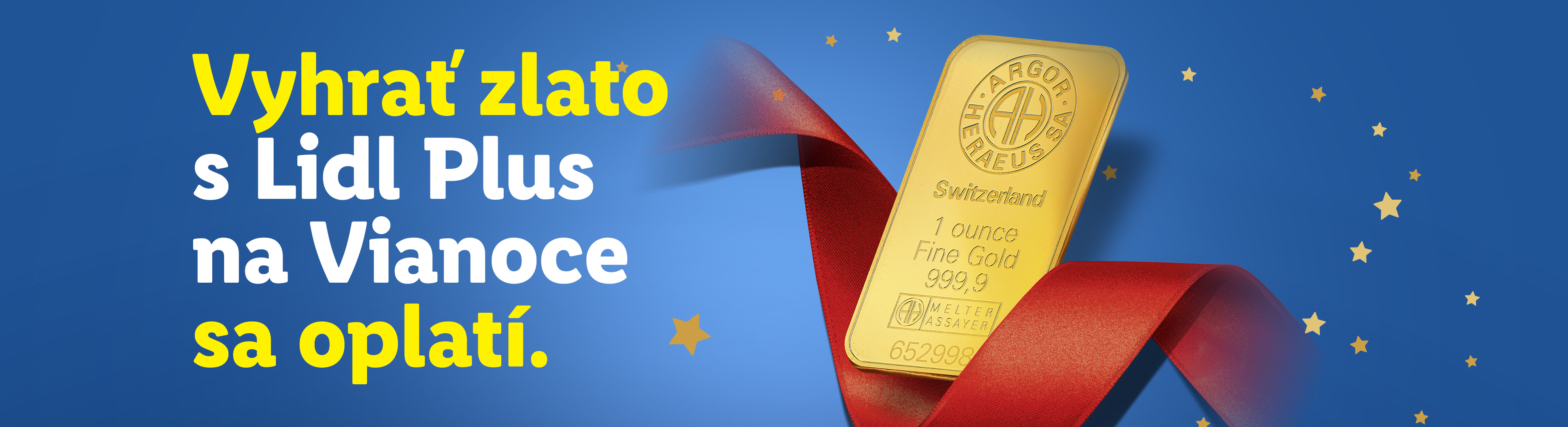 Zlatá tehlička s červenou stuhou a textom „Vyhrať zlato s Lidl Plus na Vianoce sa oplatí.“