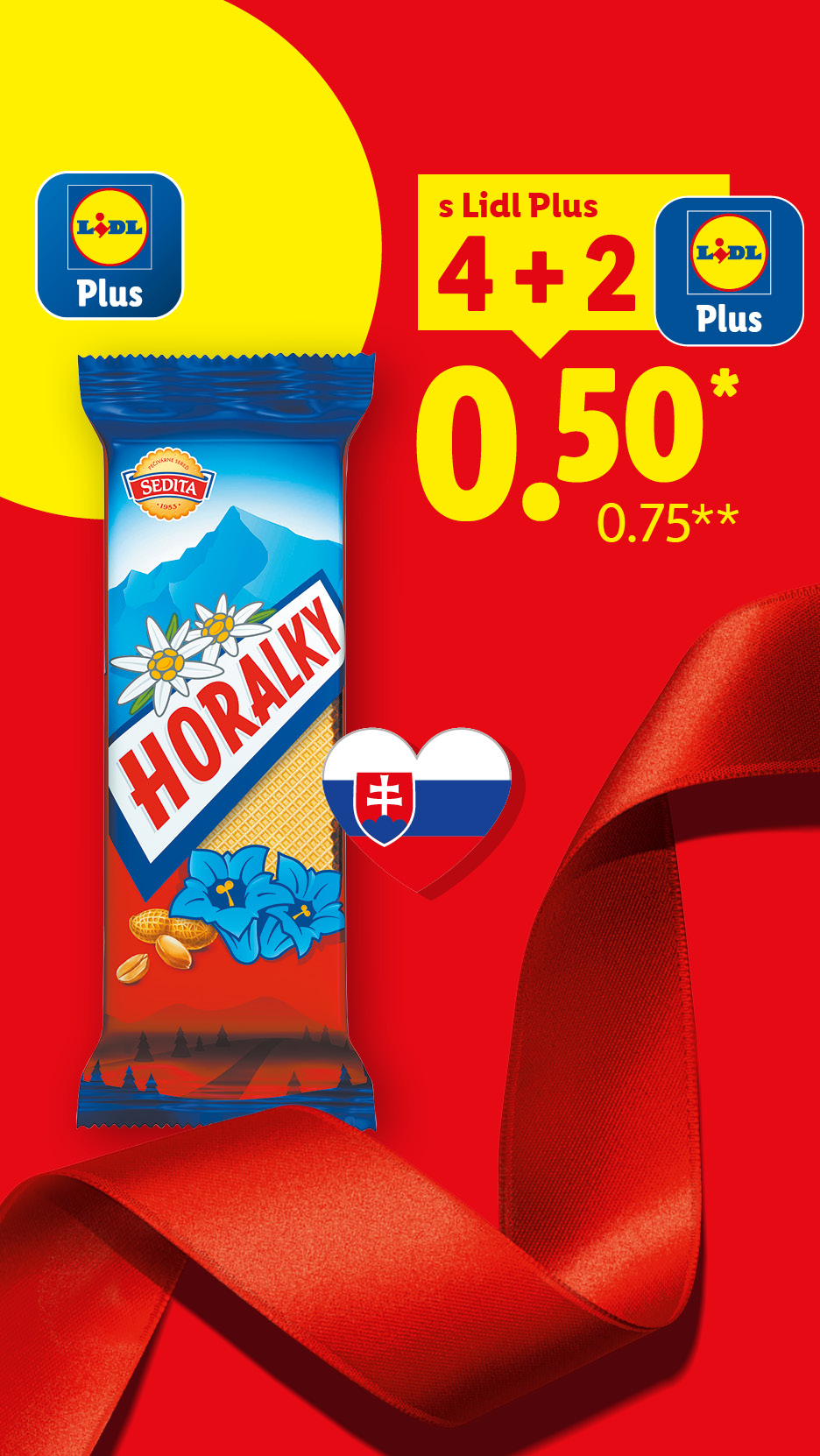 Obal oblátky Sedita Horalky s logom Lidl Plus a srdcom so slovenskou vlajkou.