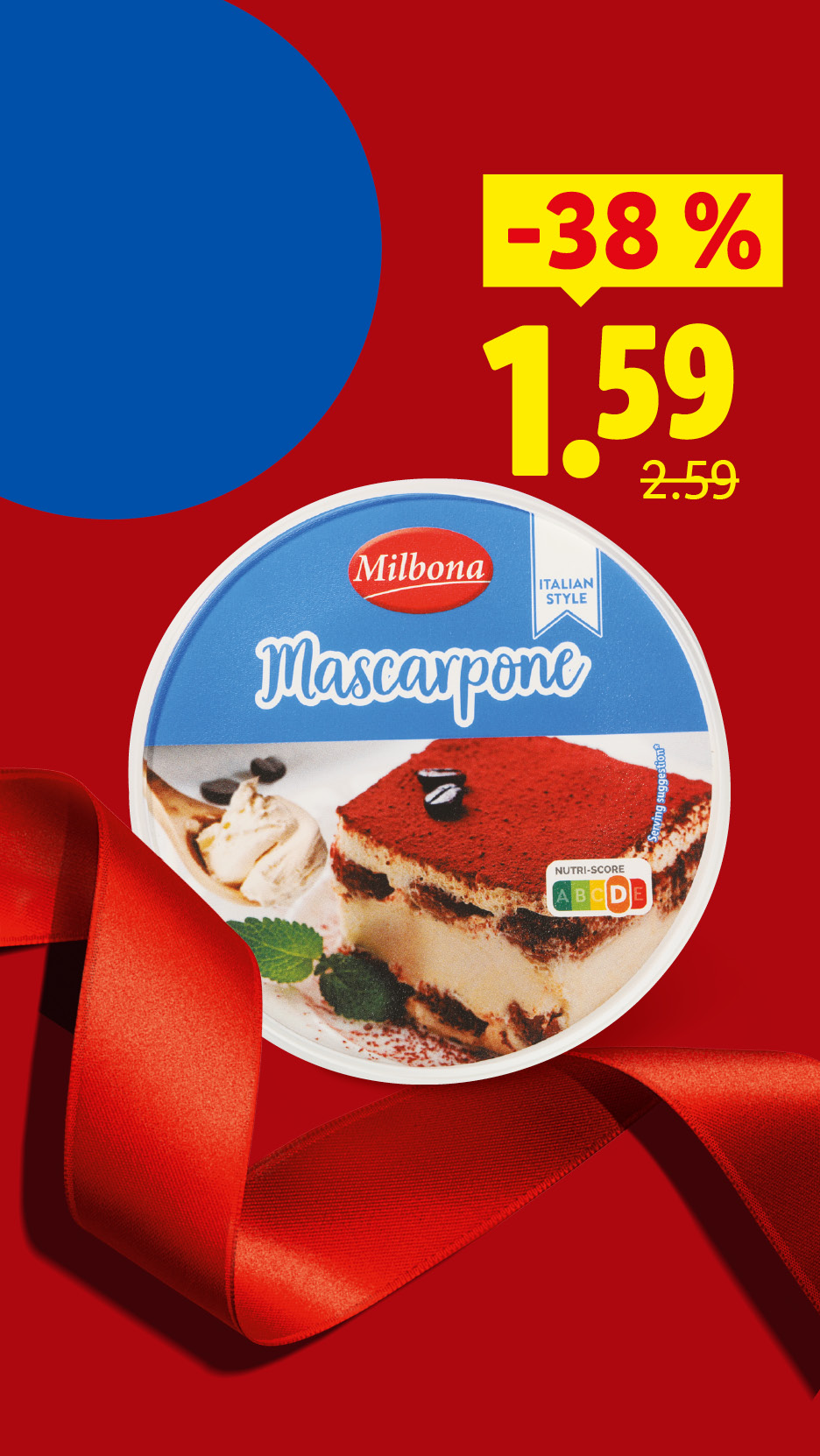 Milbona Mascarpone v akcii za 1,59 € (pôvodne 2,59 €), zľava 38 %.