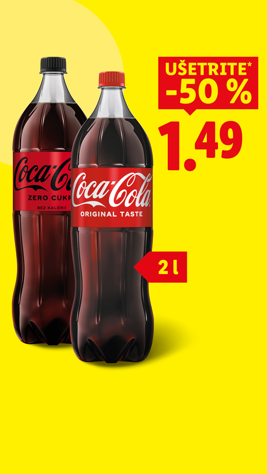 Dve 2-litrové fľaše Coca-Coly (Original Taste a Zero Sugar) s 50% zľavou za 1,49.