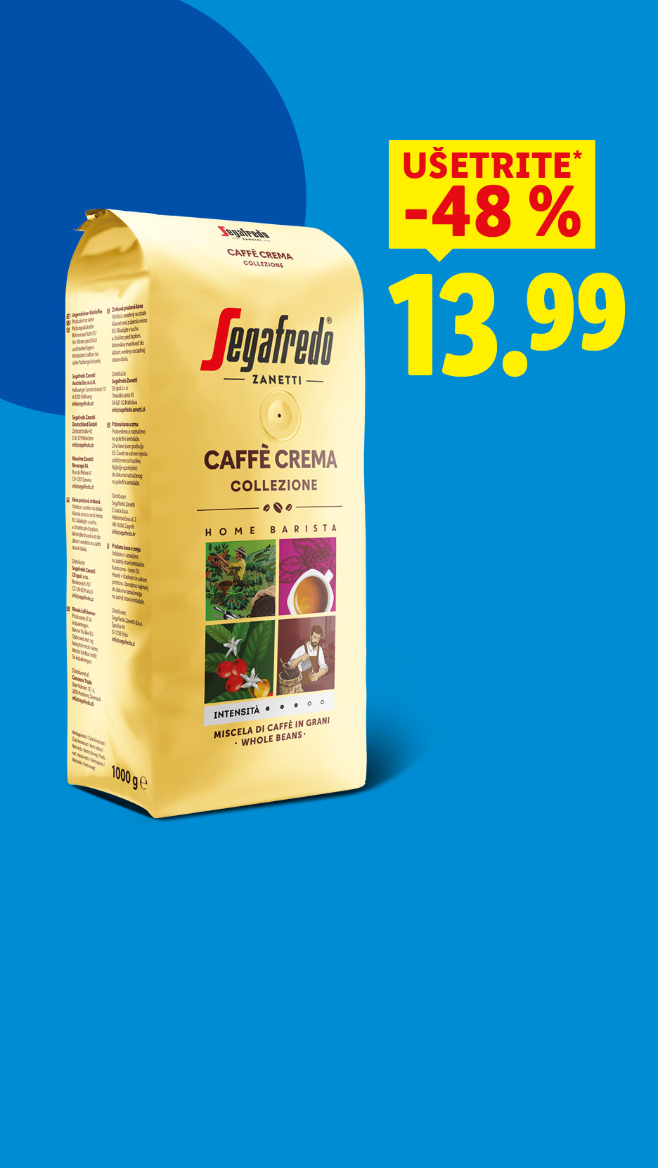 Balenie zrnkovej kávy Segafredo Caffè Crema Collezione s cenou 13,99 a zľavou 48 %.