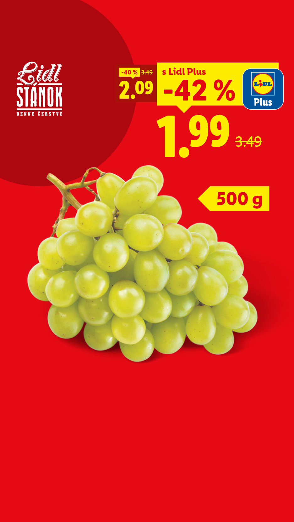 Zelené hrozno Lidl Stánok, 500 g, s cenou 1,99 € pre Lidl Plus.