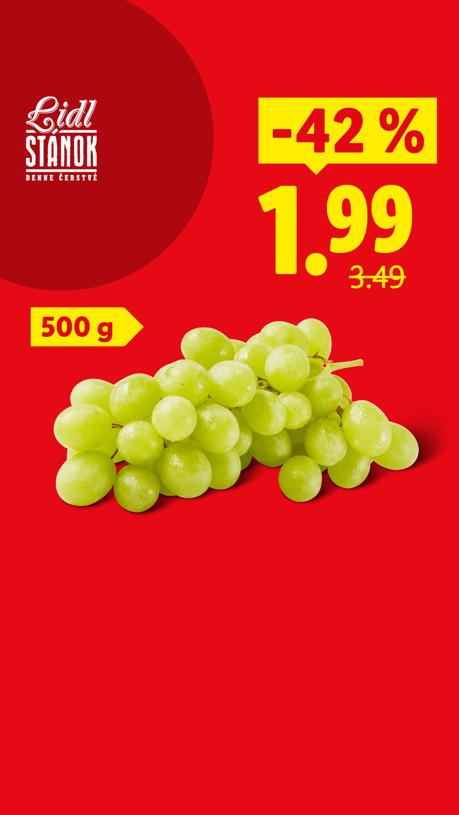 Zelené hrozno v akcii, 500 g balenie, zľava 42% na 1,99.