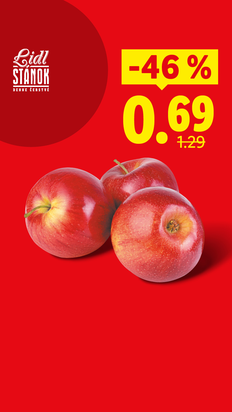 Červené jablká s 46% zľavou, cena 0,69 (pôvodne 1,29).