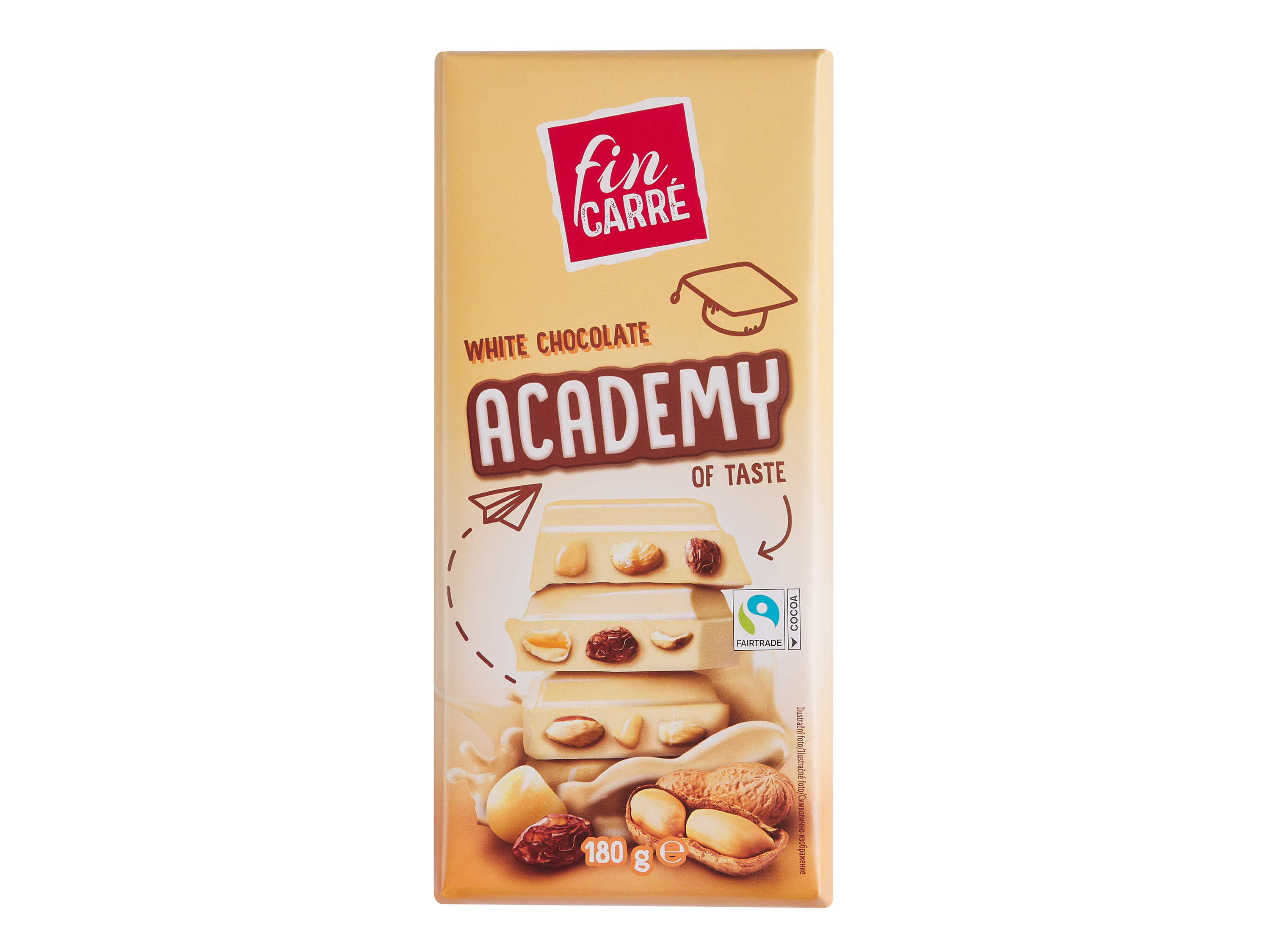 Biela čokoláda Fin Carré Academy of Taste so zmesou orechov a sušeného ovocia, 180 g.