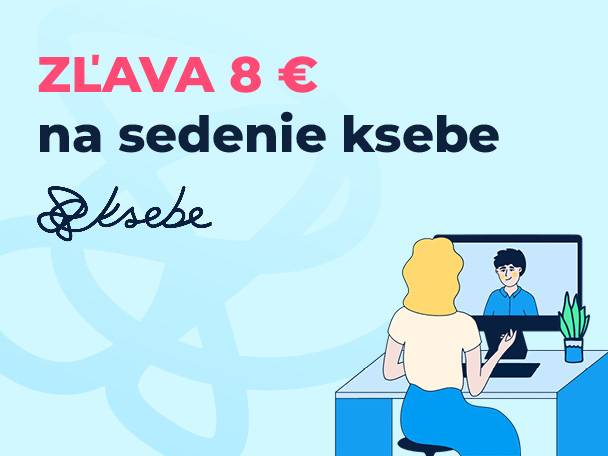 Zľava 8 € na sedenie ksebe, s ilustráciou ženy pri počítači s videohovorom.