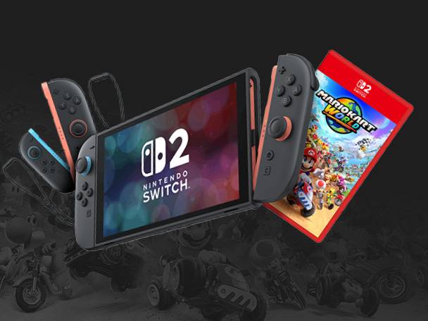 Herná konzola s ovládačmi a hrou Mariokart World.