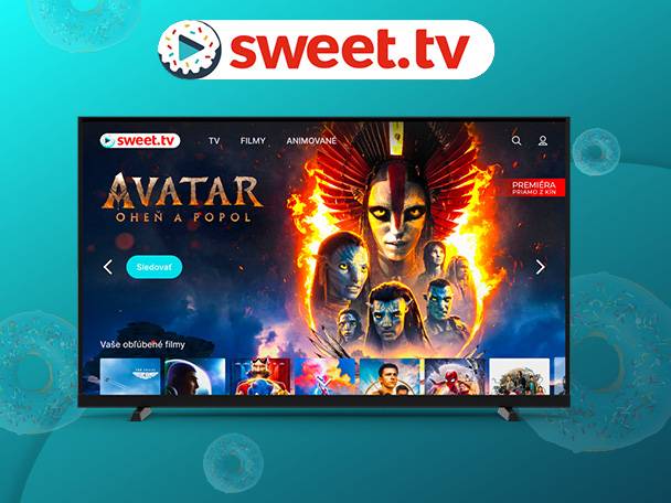 Televízor zobrazujúci film Avatar: Oheň a popol, s ponukou filmov a animovaných programov.