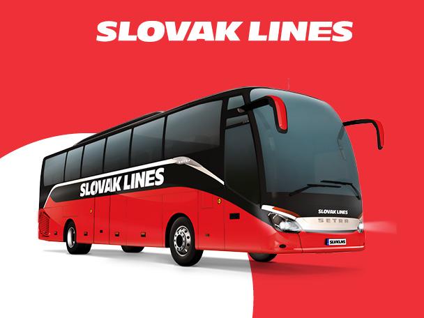 Červený a čierny diaľkový autobus s nápisom „SLOVAK LINES“ na boku a hore.