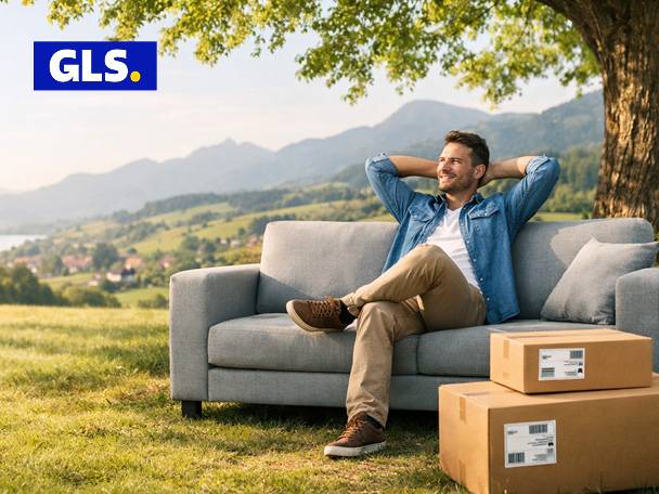 Muž relaxuje na pohovke vonku s balíkmi, v pozadí hory a jazero.