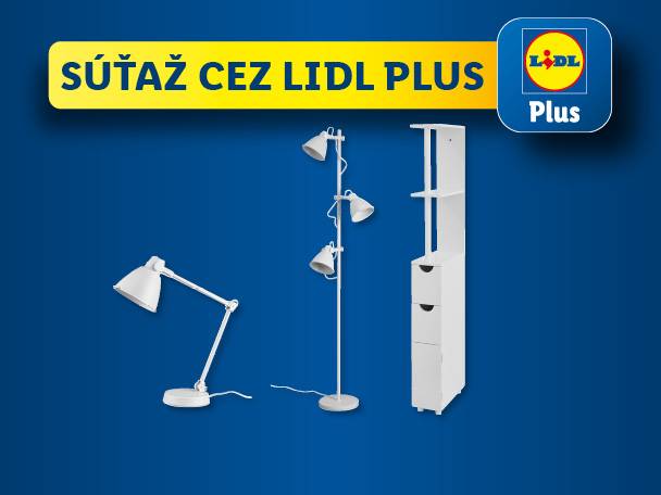 Súťaž cez Lidl Plus: biela stolová lampa, stojanová lampa a úzka skrinka.