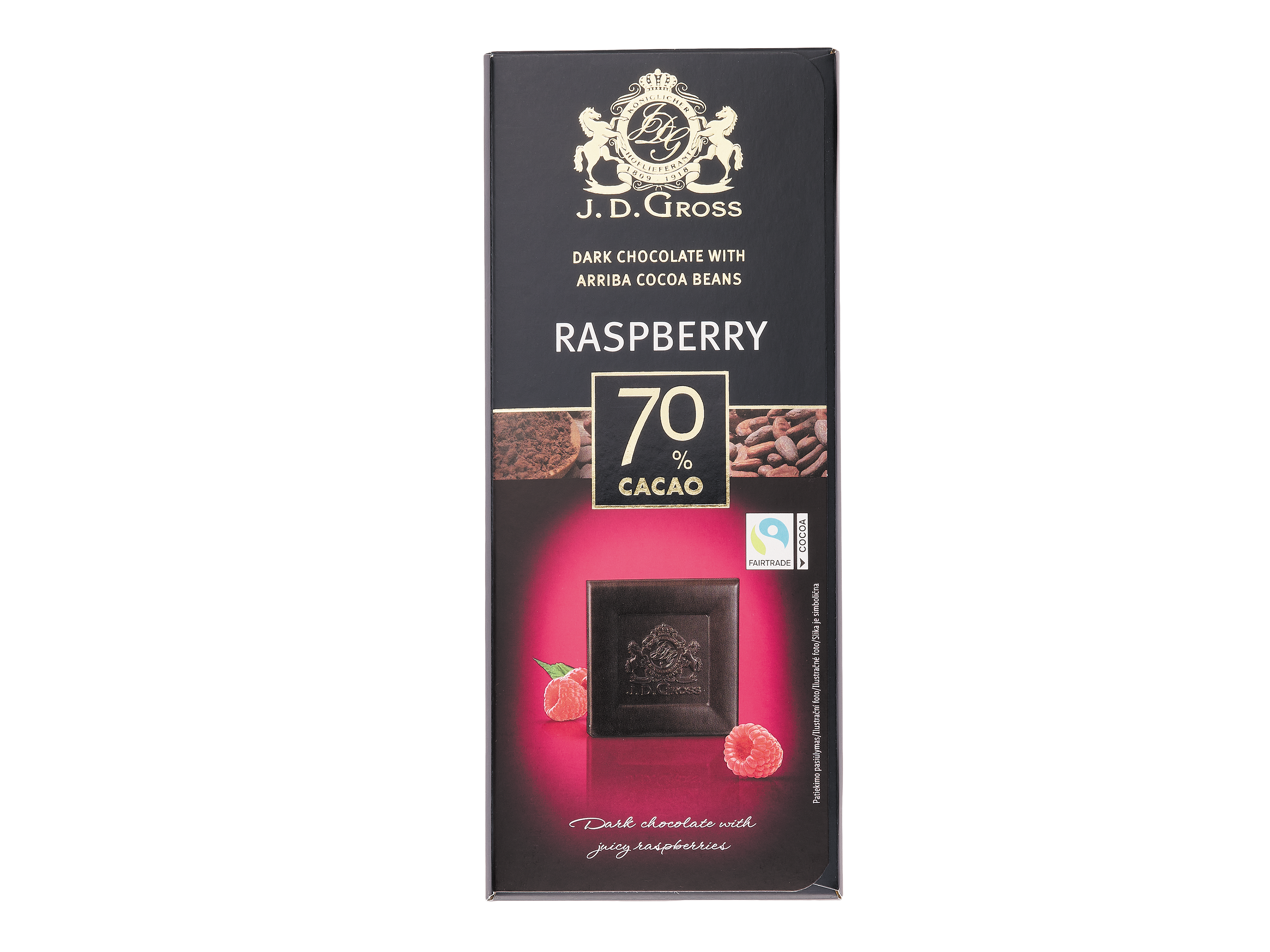 J. D. Gross 70% horká čokoláda s malinami a kakaovými bôbmi Arriba.