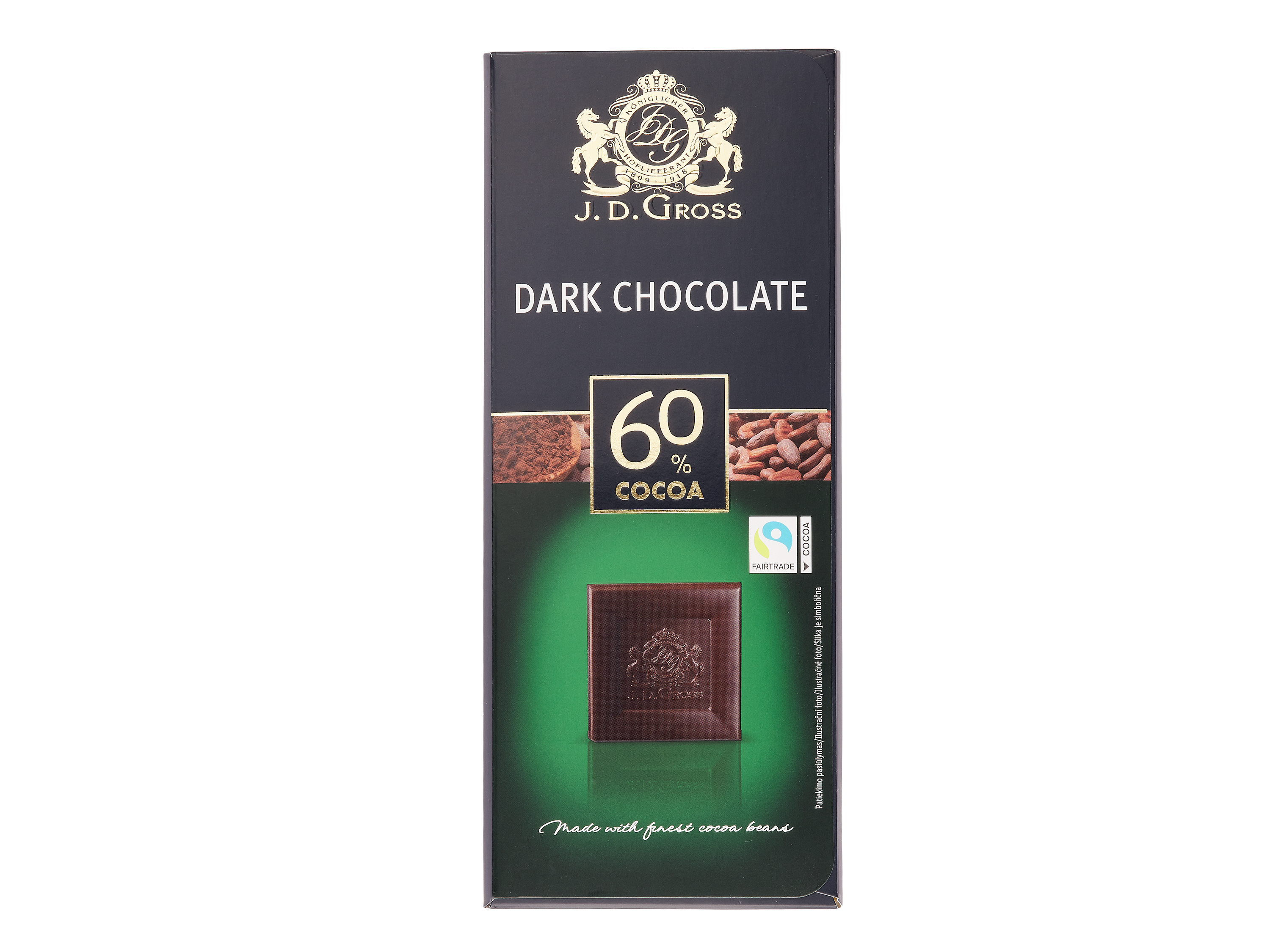 J. D. Gross horká čokoláda so 60 % kakaa a logom Fairtrade.
