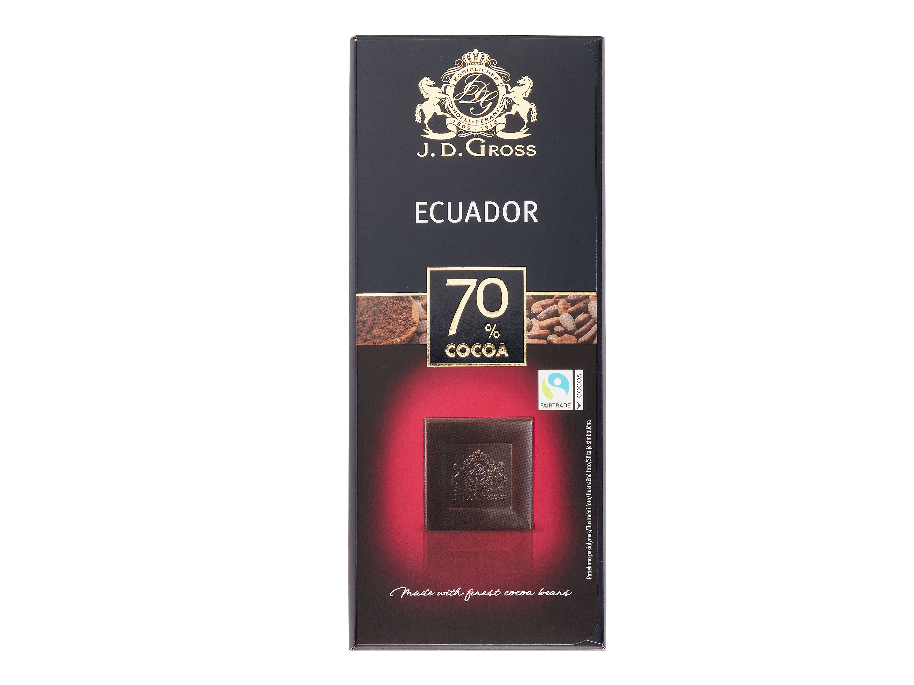 J.D. Gross 70% kakaová čokoláda Ecuador s nápisom „Made with finest cocoa beans“.