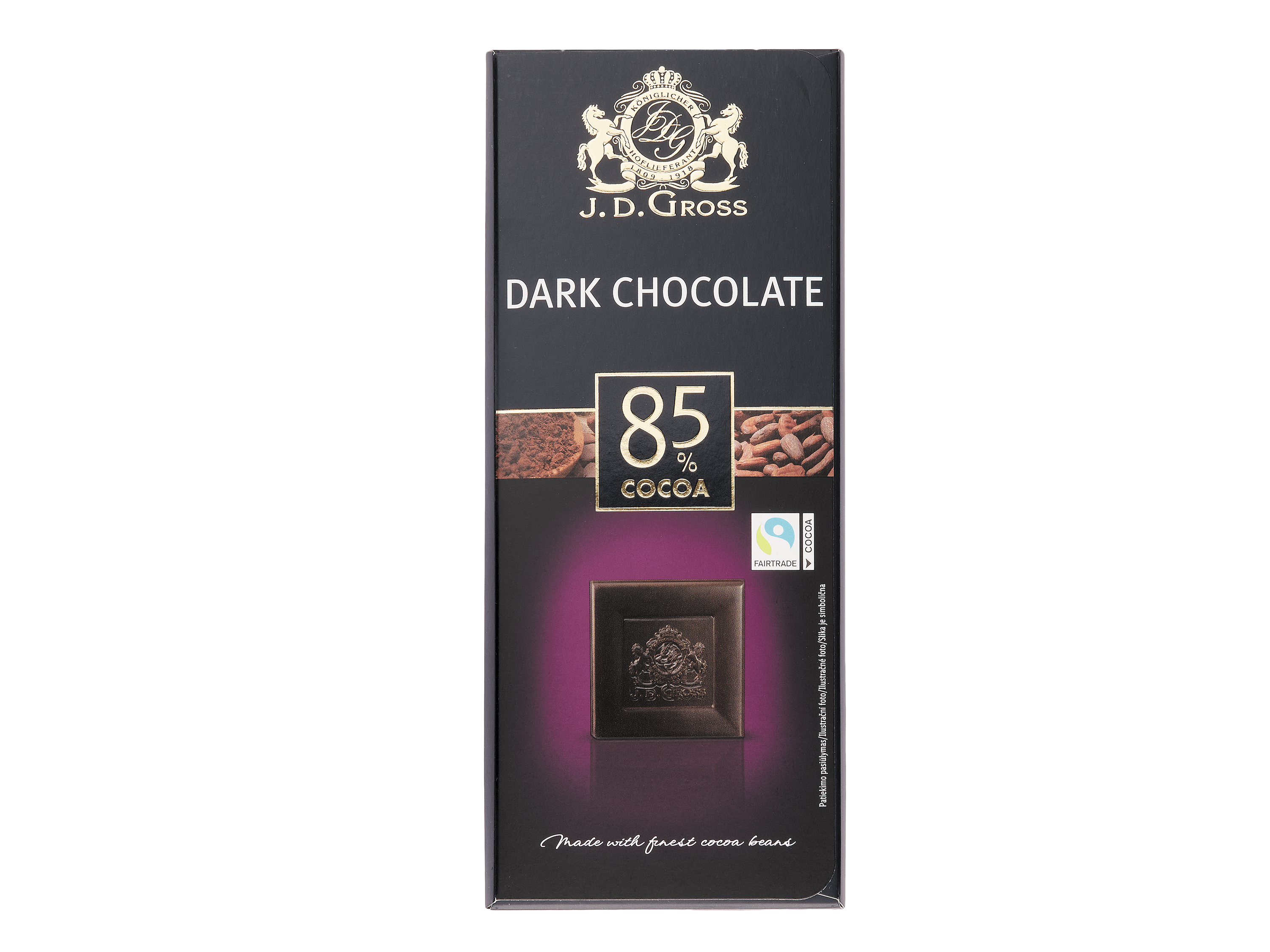 Tmavá čokoláda J.D. Gross s 85 % kakaa a logom Fairtrade.