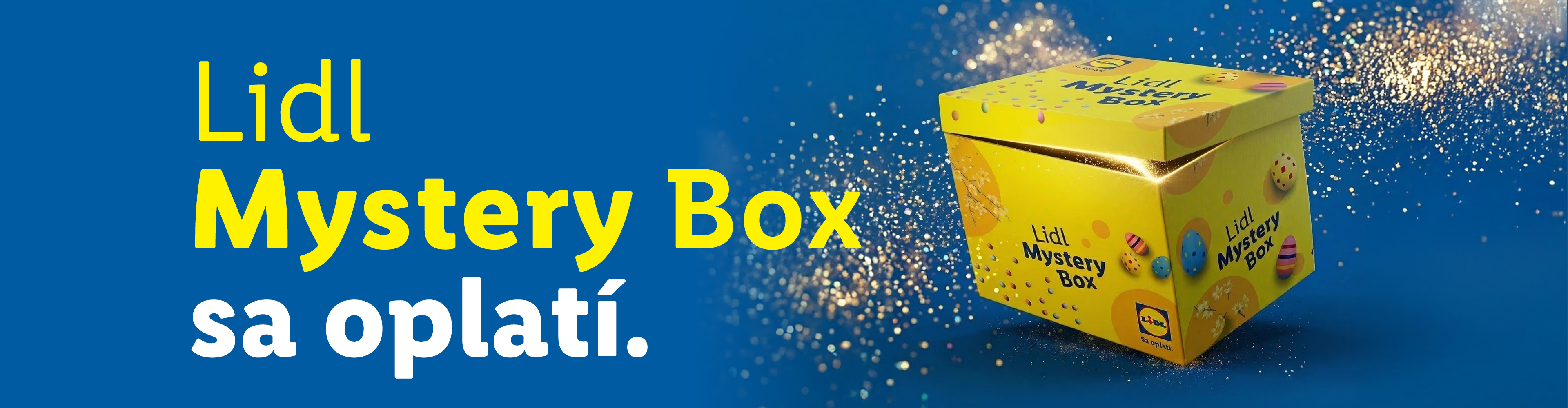 Žltá tajomná krabica s nápisom „Mystery Box“ a trblietkami na modrom pozadí.