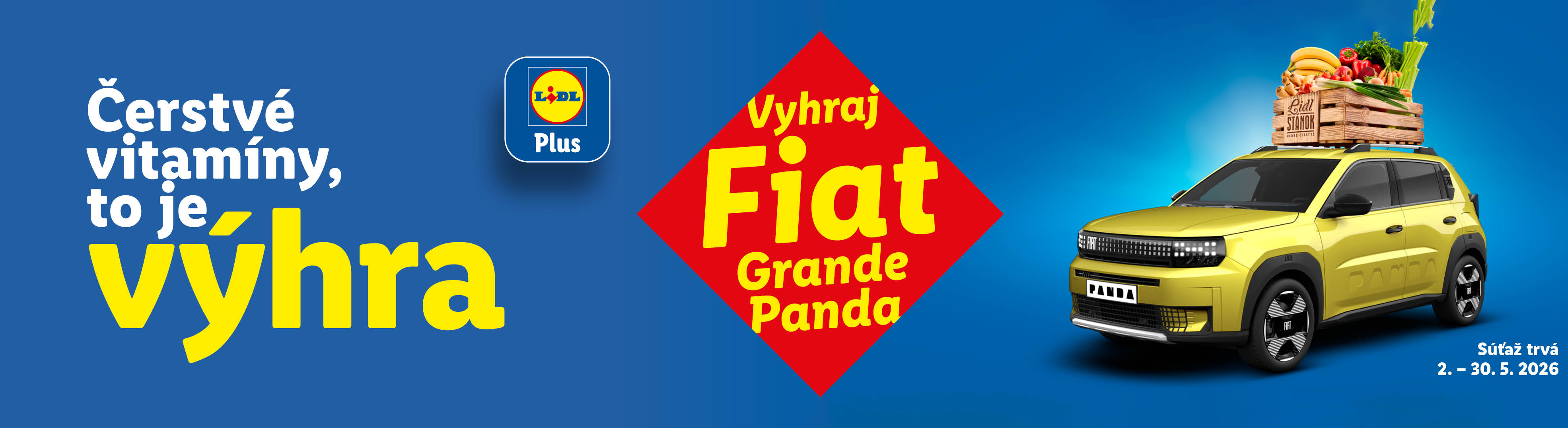 Žlté auto s prepravkou plnou čerstvej zeleniny a ovocia na streche, s textom „Čerstvé vitamíny, to je výhra“ a „Vyhraj Fiat Grande Panda“.