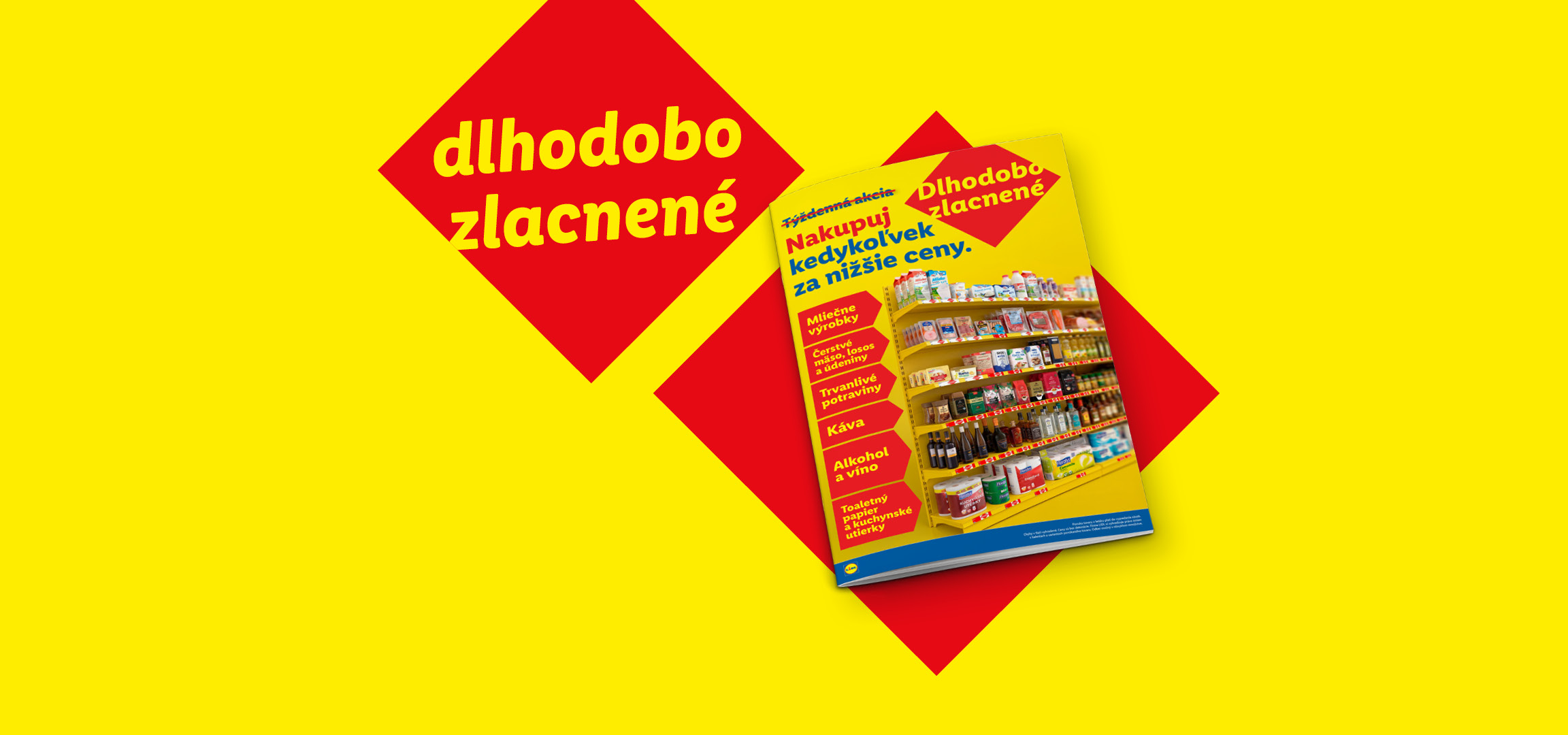 Leták s nápisom „dlhodobo zlacnené“ a kategóriami produktov ako mliečne výrobky, mäso, káva a alkohol.