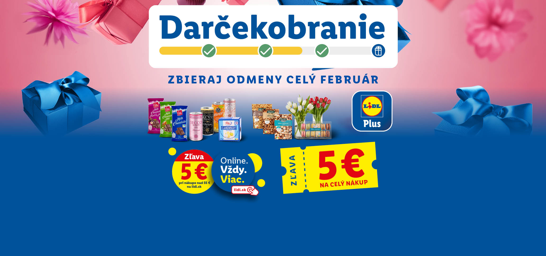 Propagácia Lidl Plus s čokoládami, nápojmi, syrom, orechmi, kvetmi a zľavovými kupónmi.