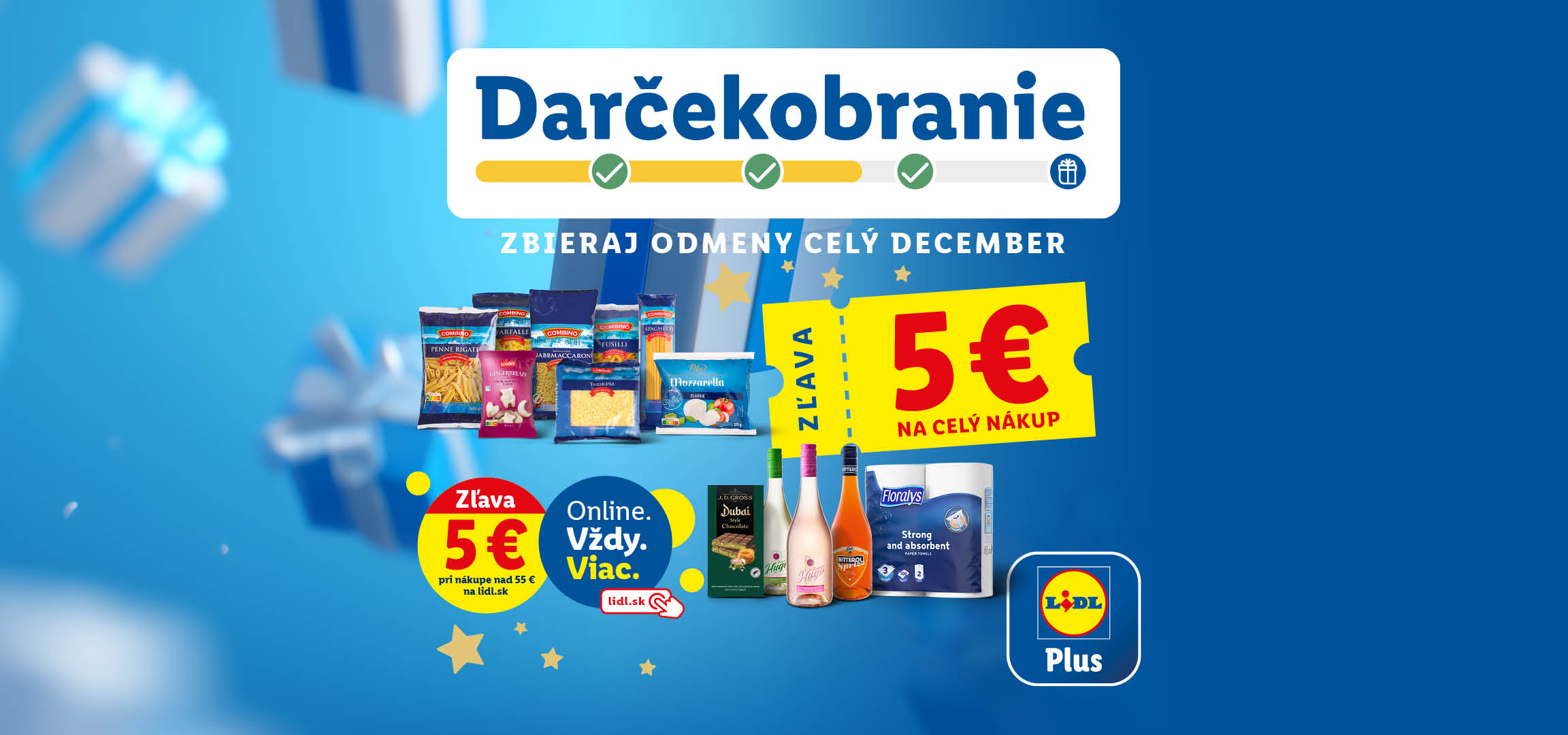 Lidl Plus Darčekobranie: Zbieraj odmeny celý december, skenuj Lidl Plus, dosahuj ciele za nákup a vyberaj darčeky, s produktmi ako cestoviny, syr, víno a papierové utierky.