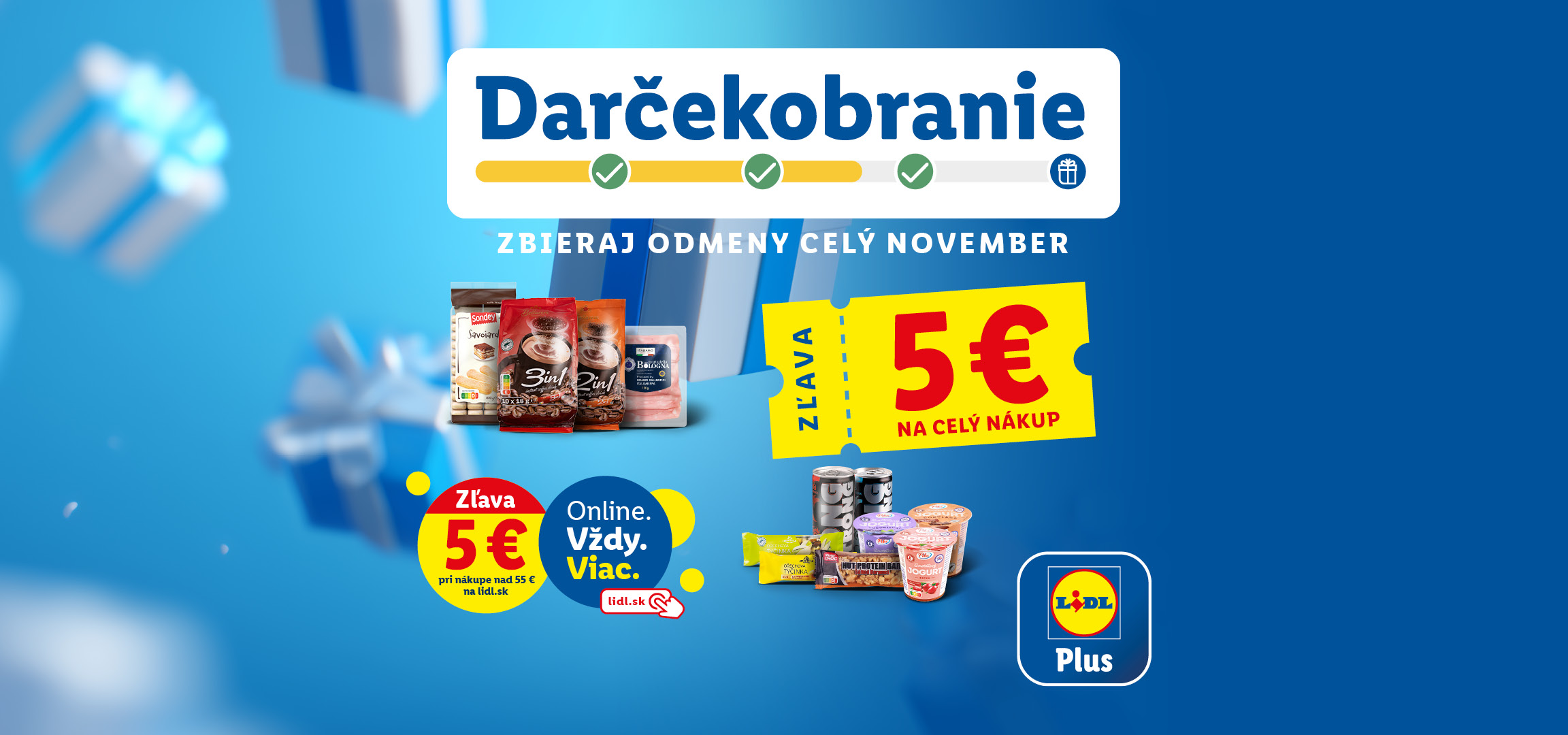 Lidl Plus Darčekobranie: Zbieraj odmeny celý november, získaj zľavy 5€ a darčeky za nákupy nad 60€, 120€, 200€ a 300€.