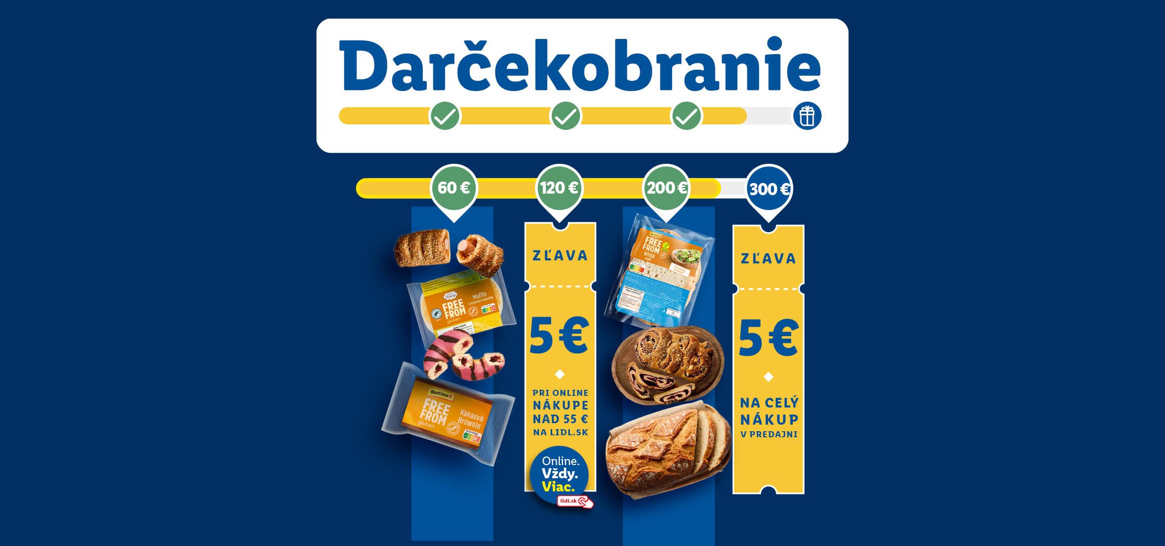 Propagácia Darčekobranie s ružovými šiškami, hnedými koláčikmi a bezlepkovými výrobkami, ponúkajúca zľavy 5 € pri online nákupe nad 55 € a na celý nákup v predajni.