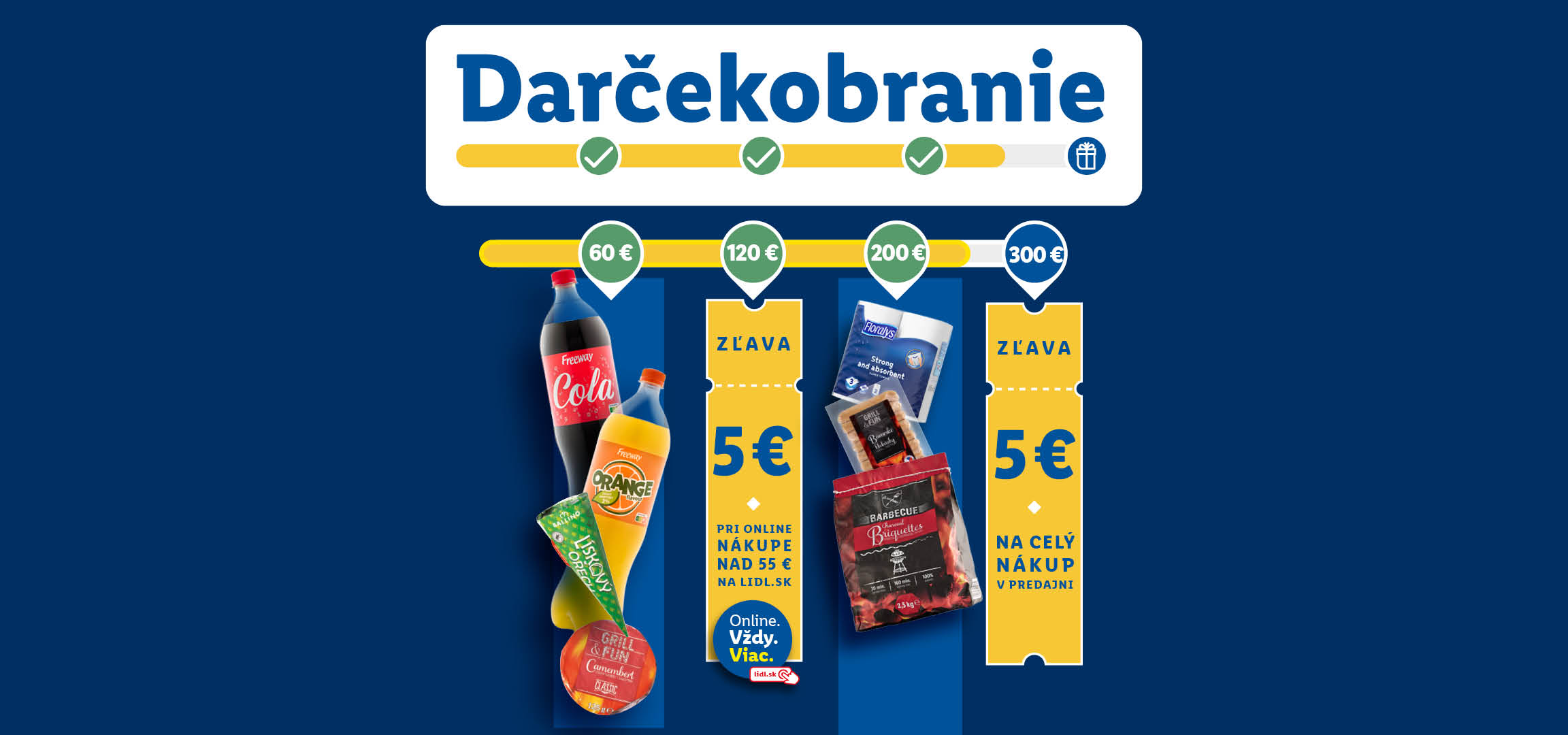 Reklama na Darčekobranie s kornútkovou zmrzlinou, nápojmi, papierovými utierkami, syrom, briketami a zľavovými kupónmi.