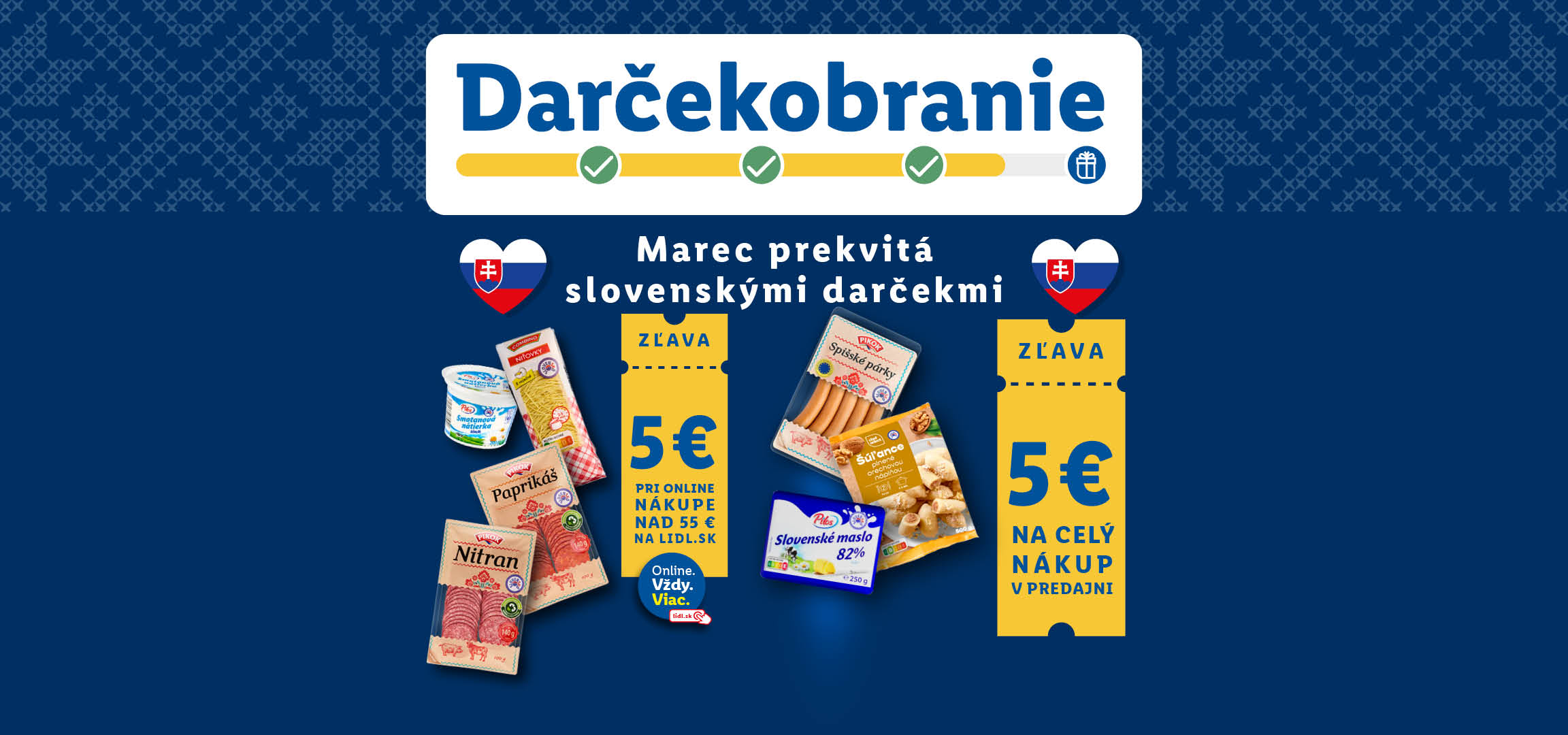 Propagačný banner s ponukou darčekov a zliav na nákupy, s vyobrazením cestovín, údenín a mliečnych výrobkov.