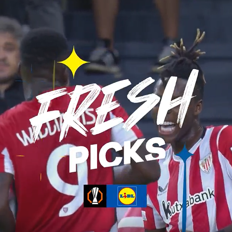 Futbalisti v červeno-bielych dresoch s textom „FRESH PICKS“ a logom Lidl.