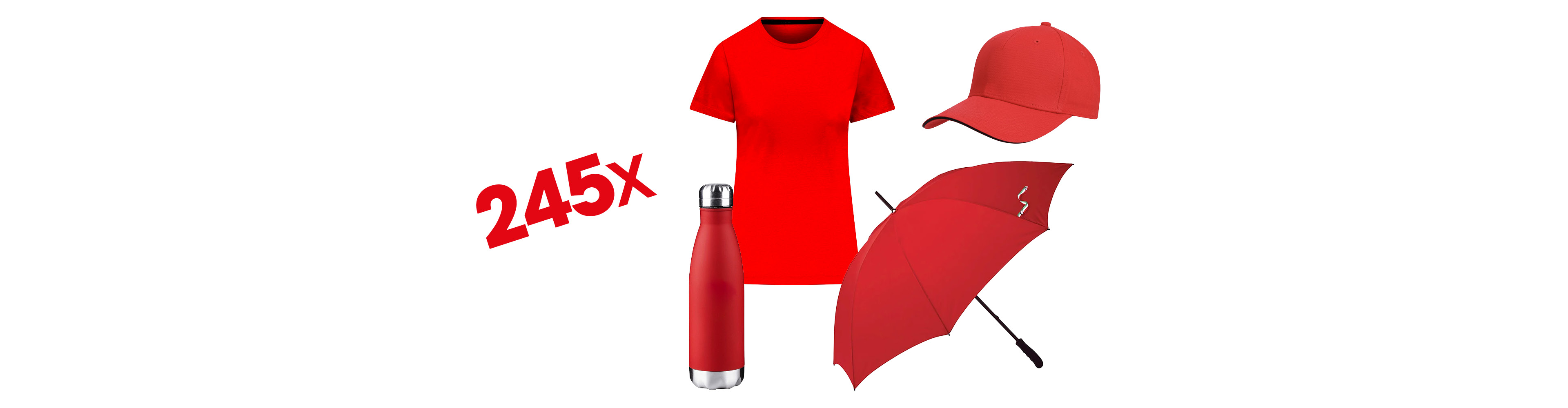 Červené tričko, čiapka a dáždnik; fľaša na vodu.