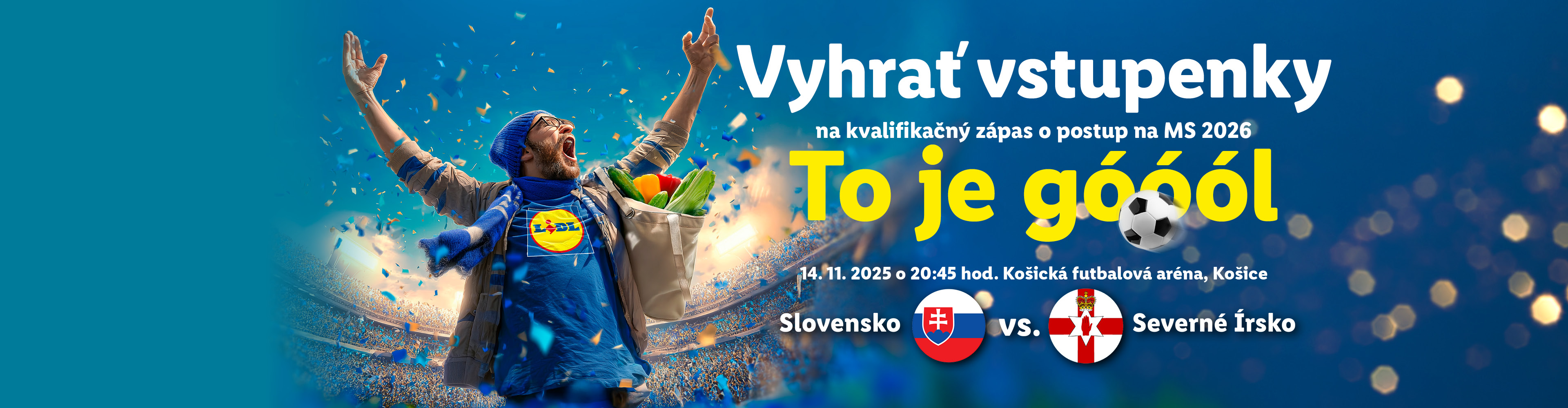Fanúšik Lidl s nákupnou taškou plnou zeleniny oslavuje výhru vstupeniek na futbalový zápas Slovensko vs. Severné Írsko.
