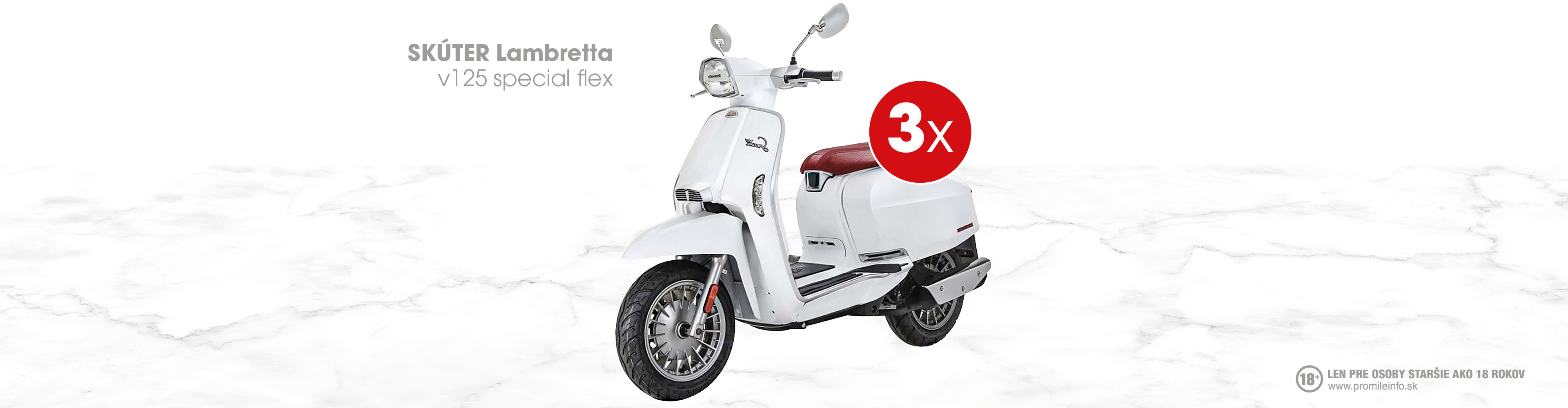 Biely skúter s červeným sedadlom, nápis 'SKÚTER v125 special flex' a '3x' v červenom kruhu.
